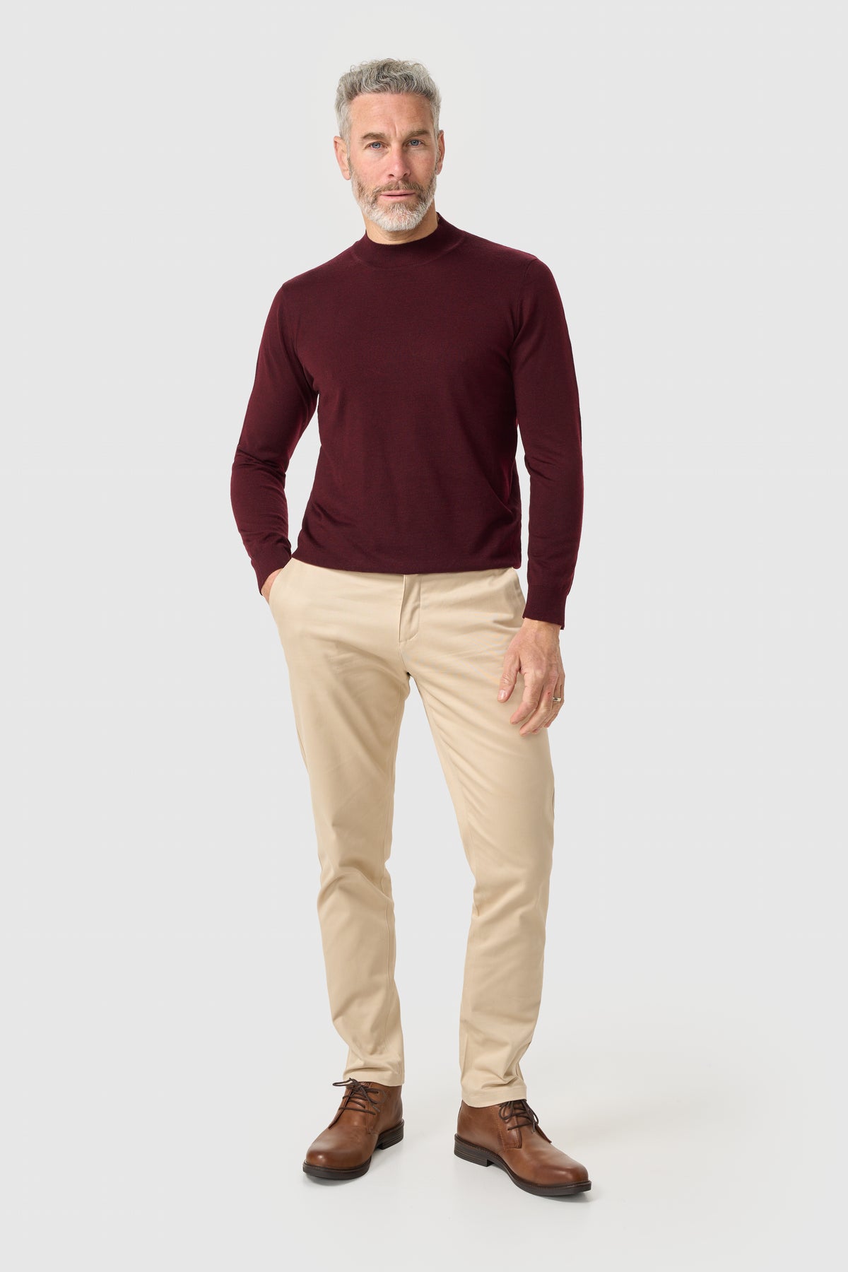 Men's Merino Wool High Neck Knitted Jumper – Cavani Colt Wine model front picture