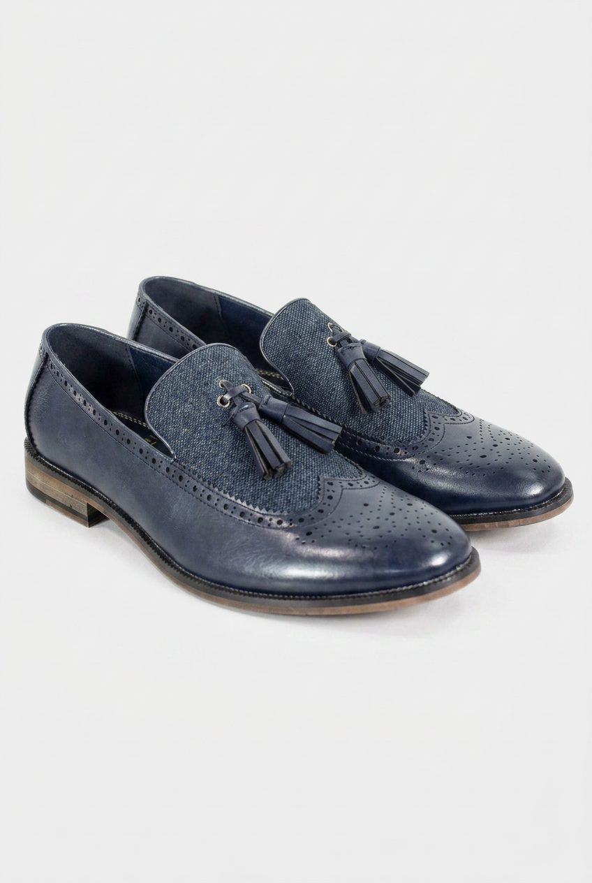 Men’s Navy Leather and Wool Tweed Tassel Loafers