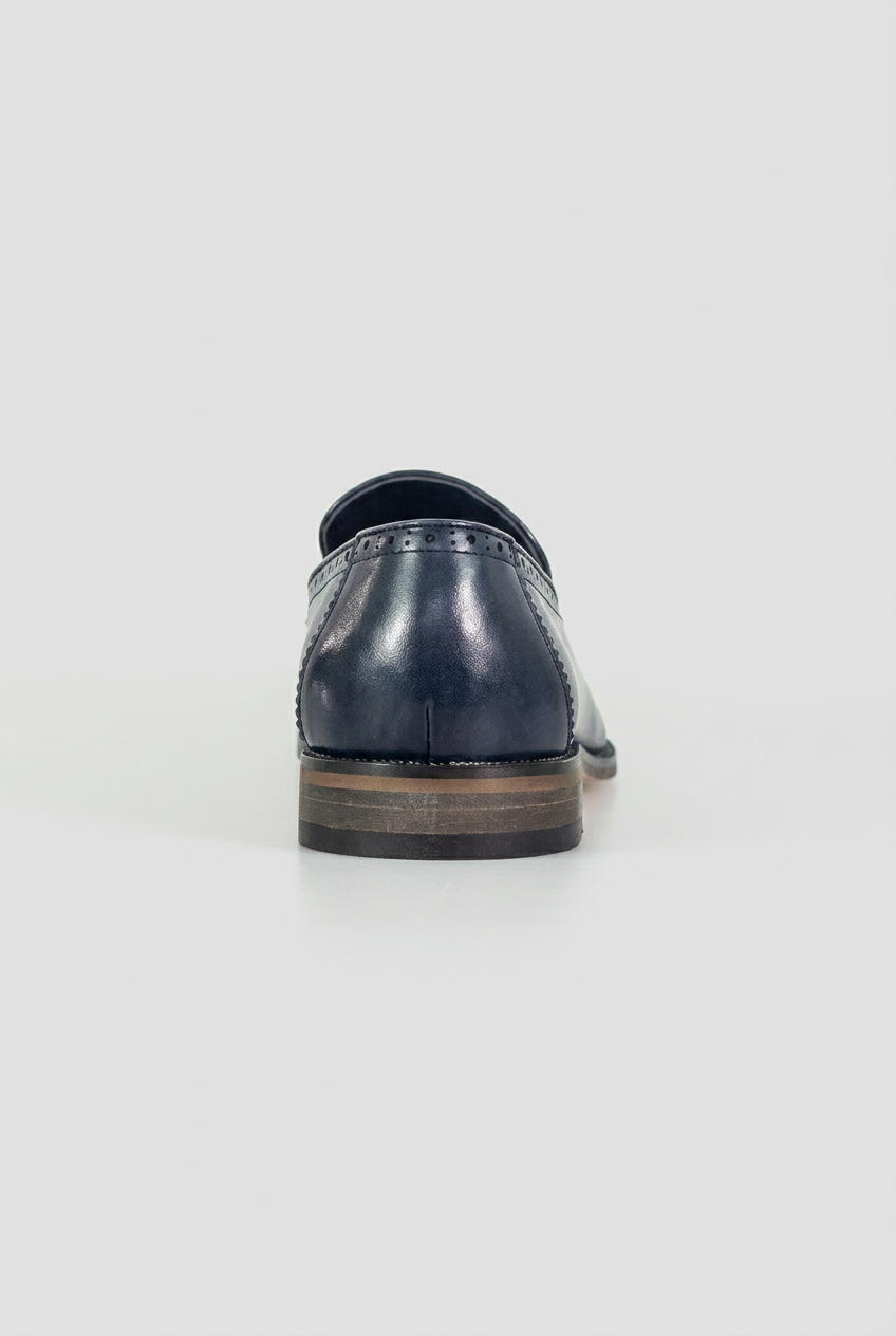 Men’s Navy Leather and Wool Tweed Tassel Loafers