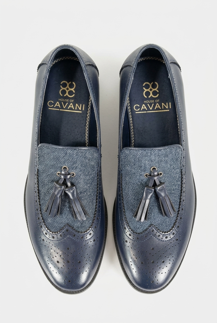 Men’s Navy Leather and Wool Tweed Tassel Loafers