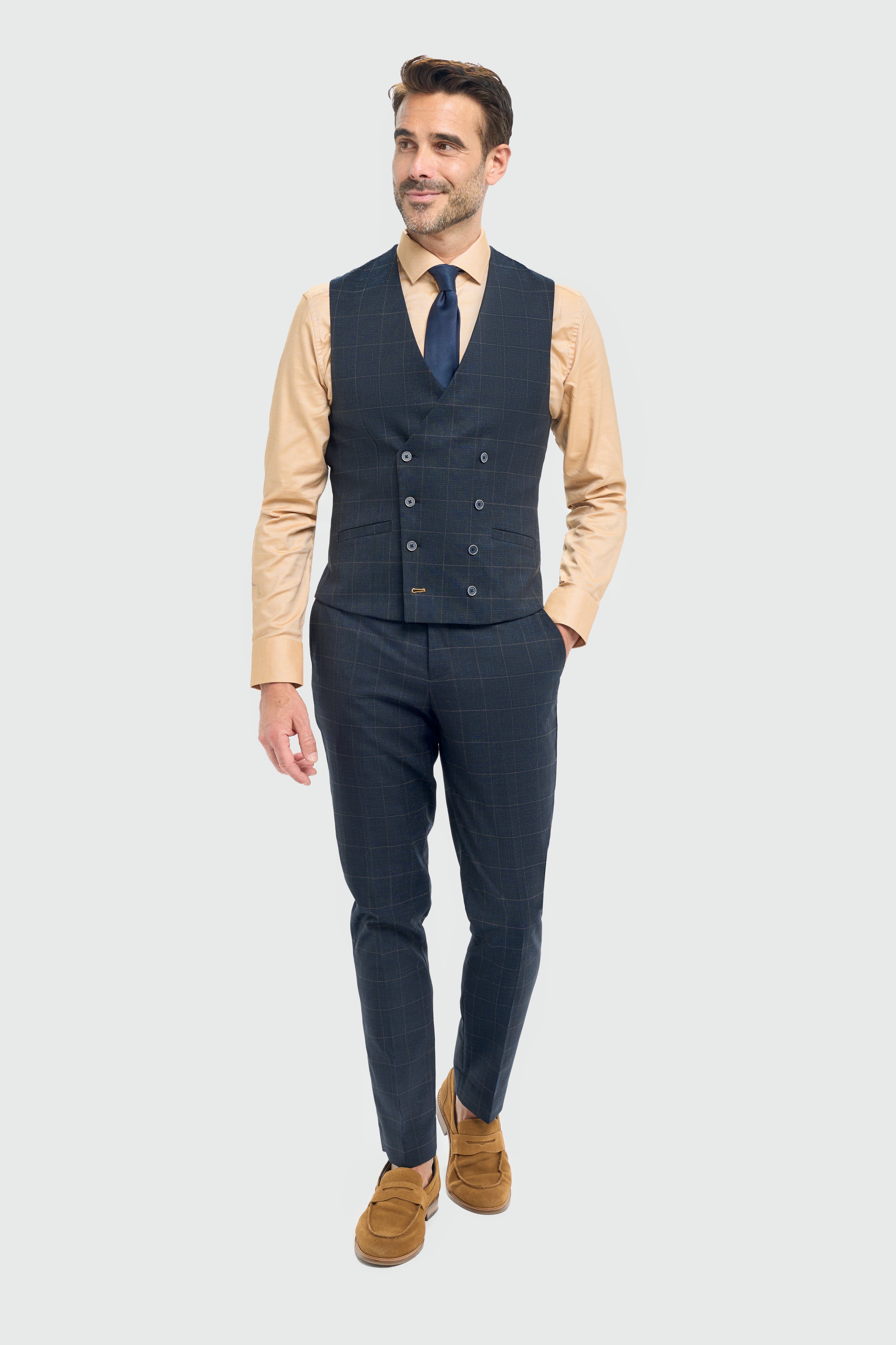 Men’s Navy Windowpane Check Double Breasted Waistcoat - Torino Modle Front Picture