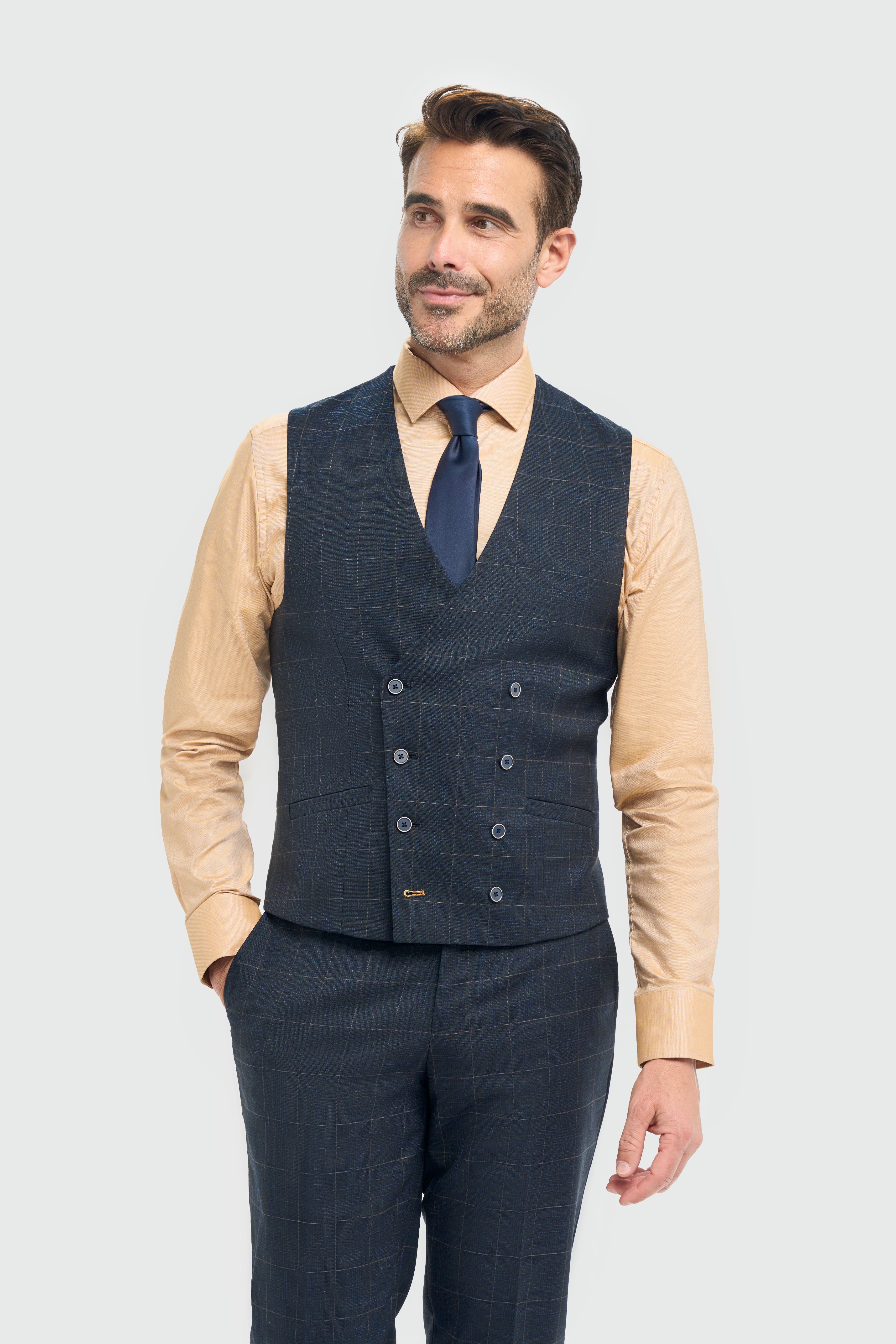 Men’s Navy Windowpane Check Double Breasted Waistcoat - Torino Model Picture