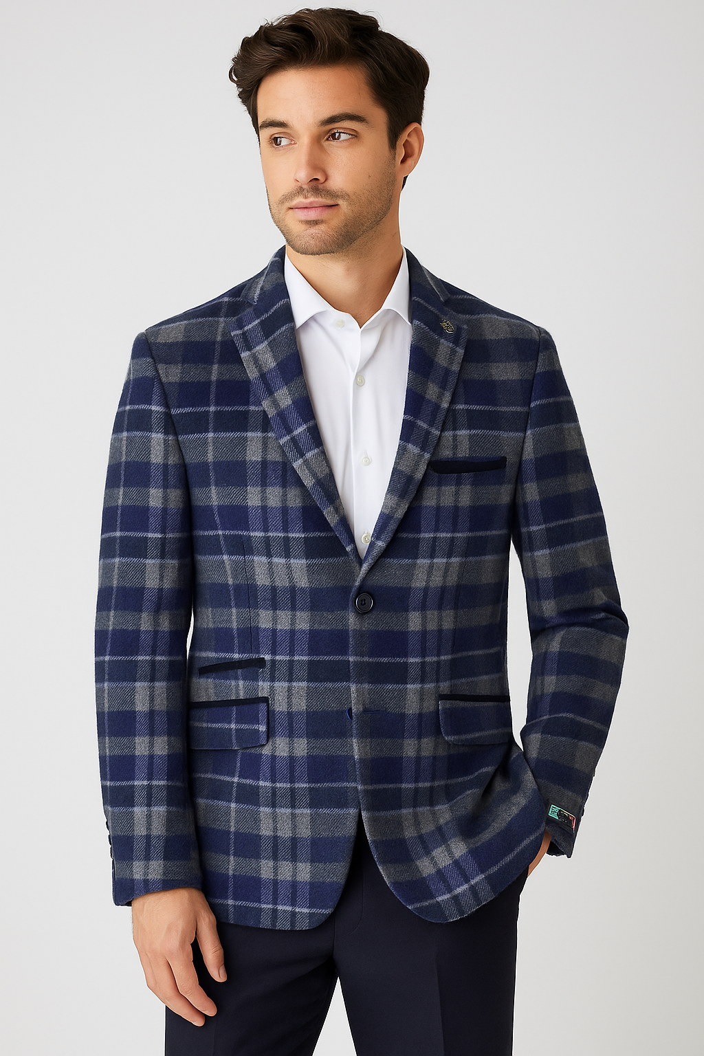 Men’s Navy & Grey Check Tweed-Effect Blazer with Ticket Pocket Model Front Picture
