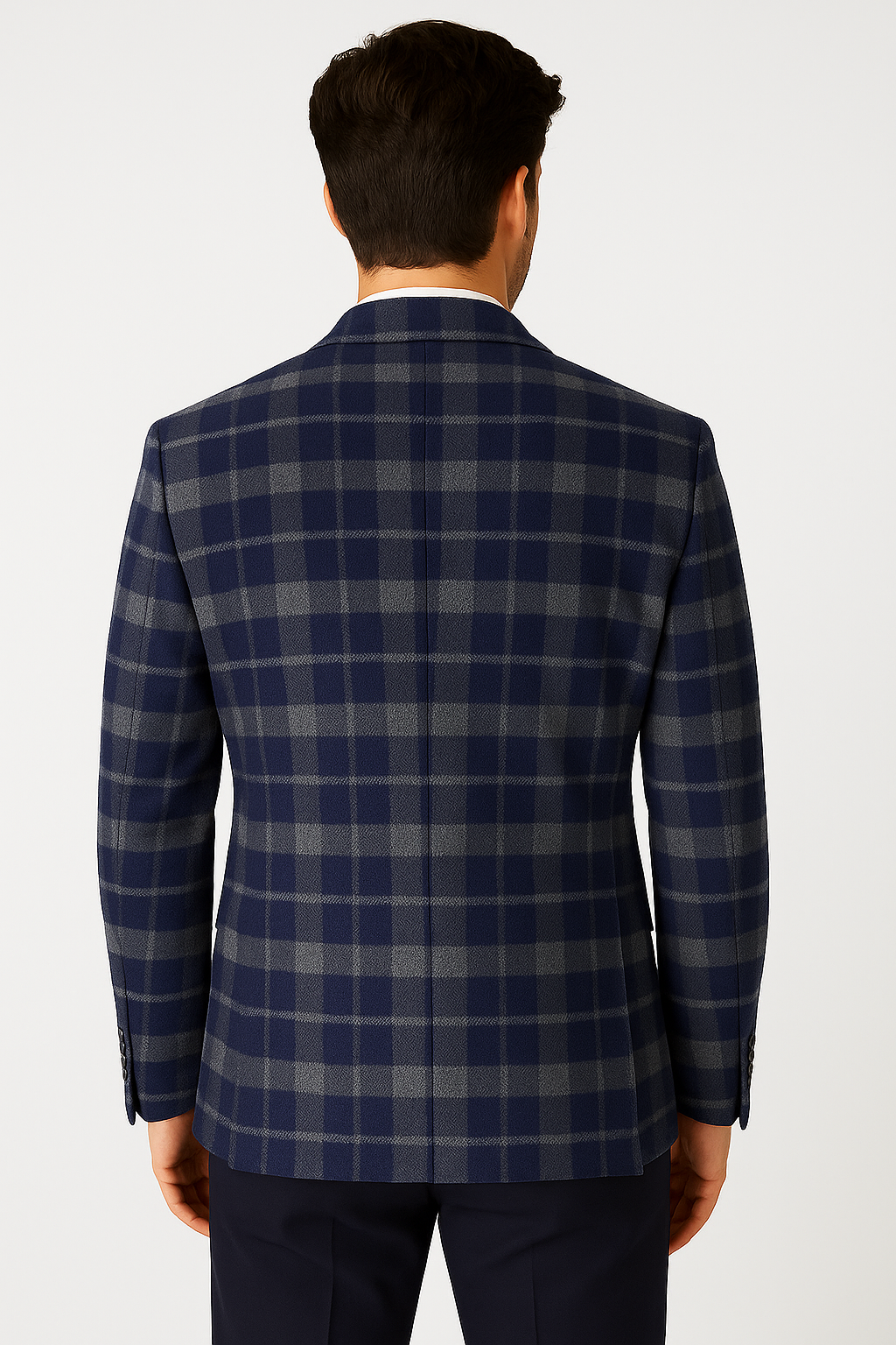 Men’s Navy & Grey Check Tweed-Effect Blazer with Ticket Pocket Back Picture