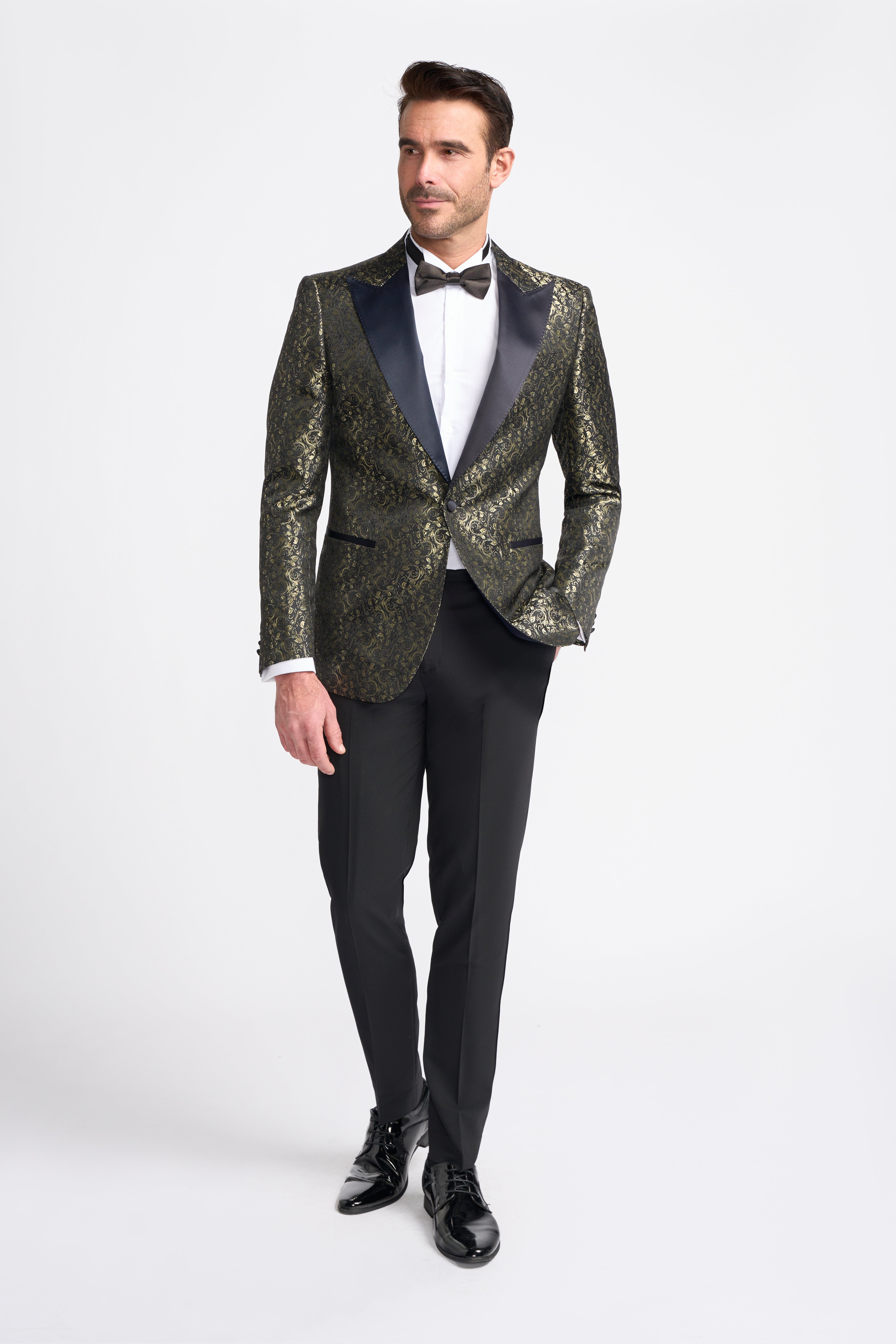 Men’s Paisley Shimmery Tuxedo Blazer - TOROS - Gold Model Front Picture