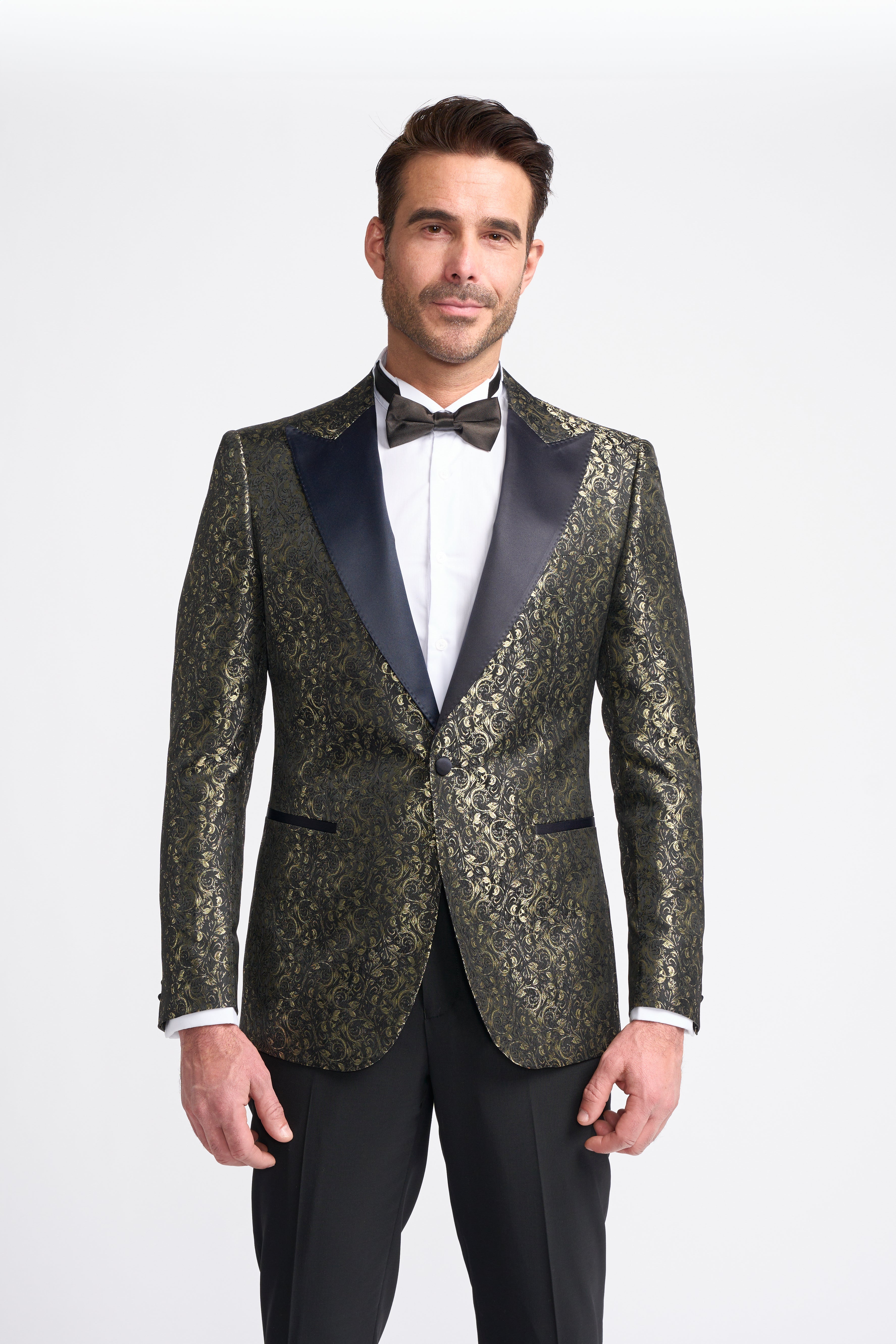 Men’s Paisley Shimmery Tuxedo Blazer - TOROS - Gold Model Picture