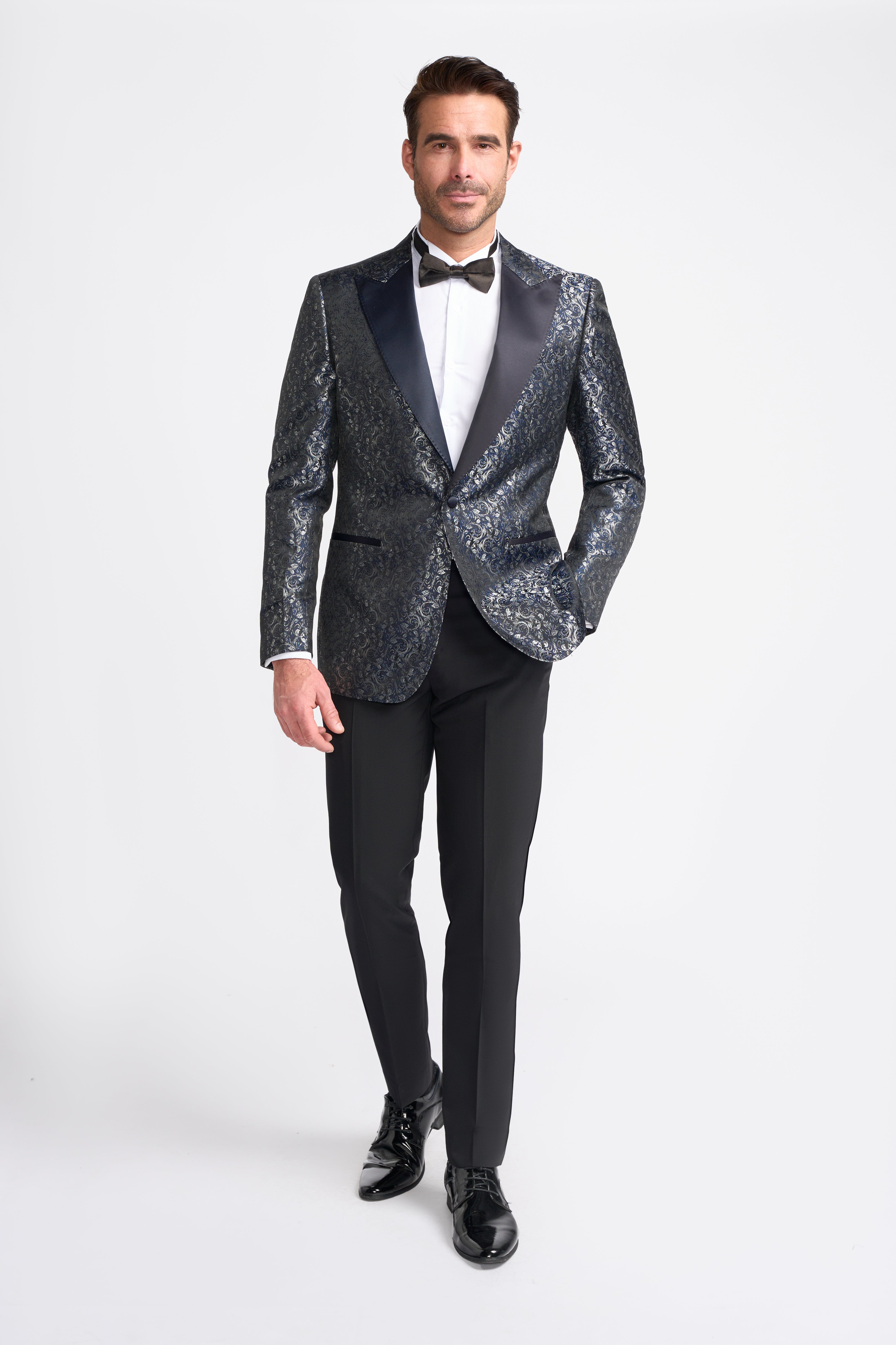 Men’s Paisley Shimmery Tuxedo Blazer - TOROS - Navy Model Front Picture