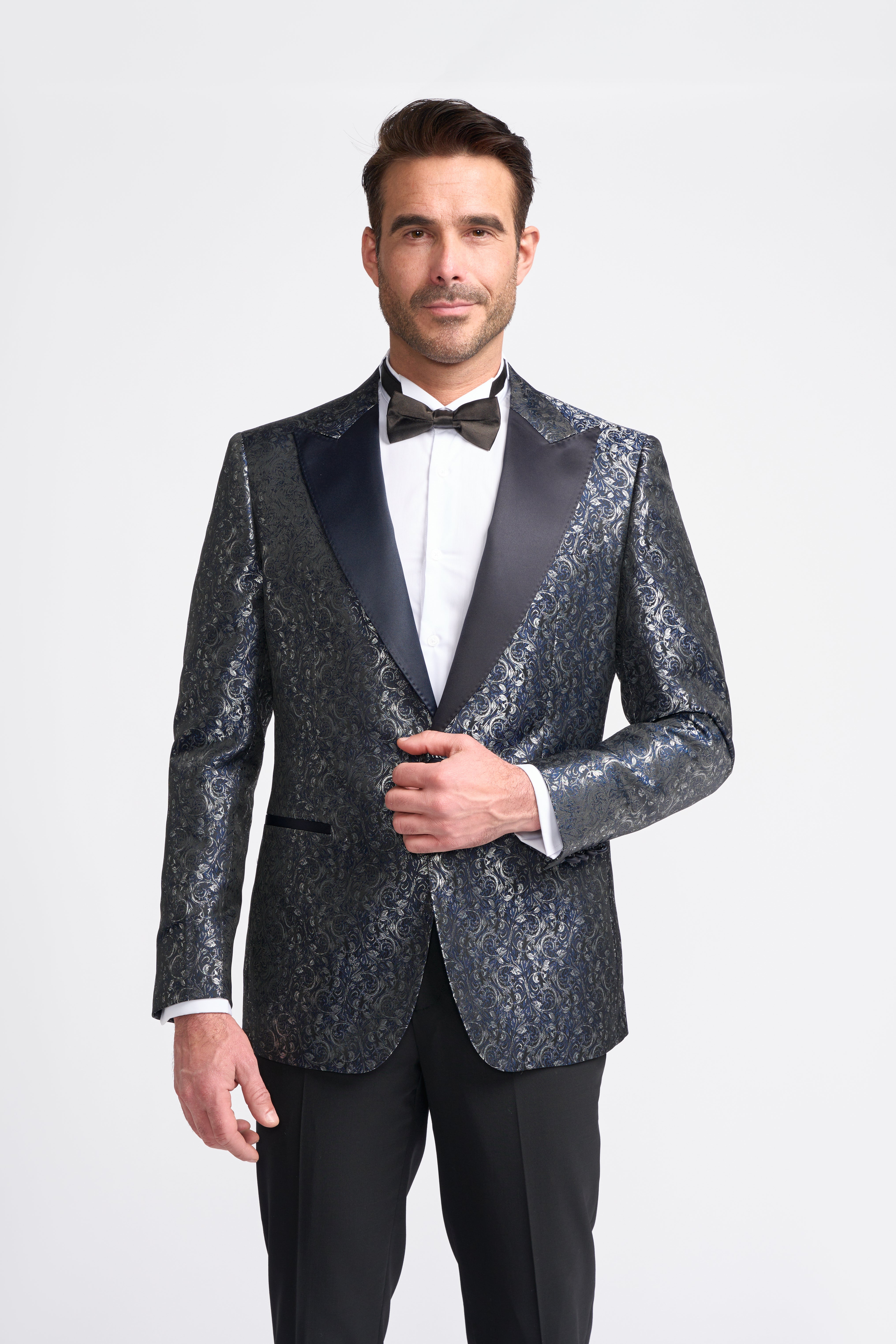 Men’s Paisley Shimmery Tuxedo Blazer - TOROS - Navy Model Picture