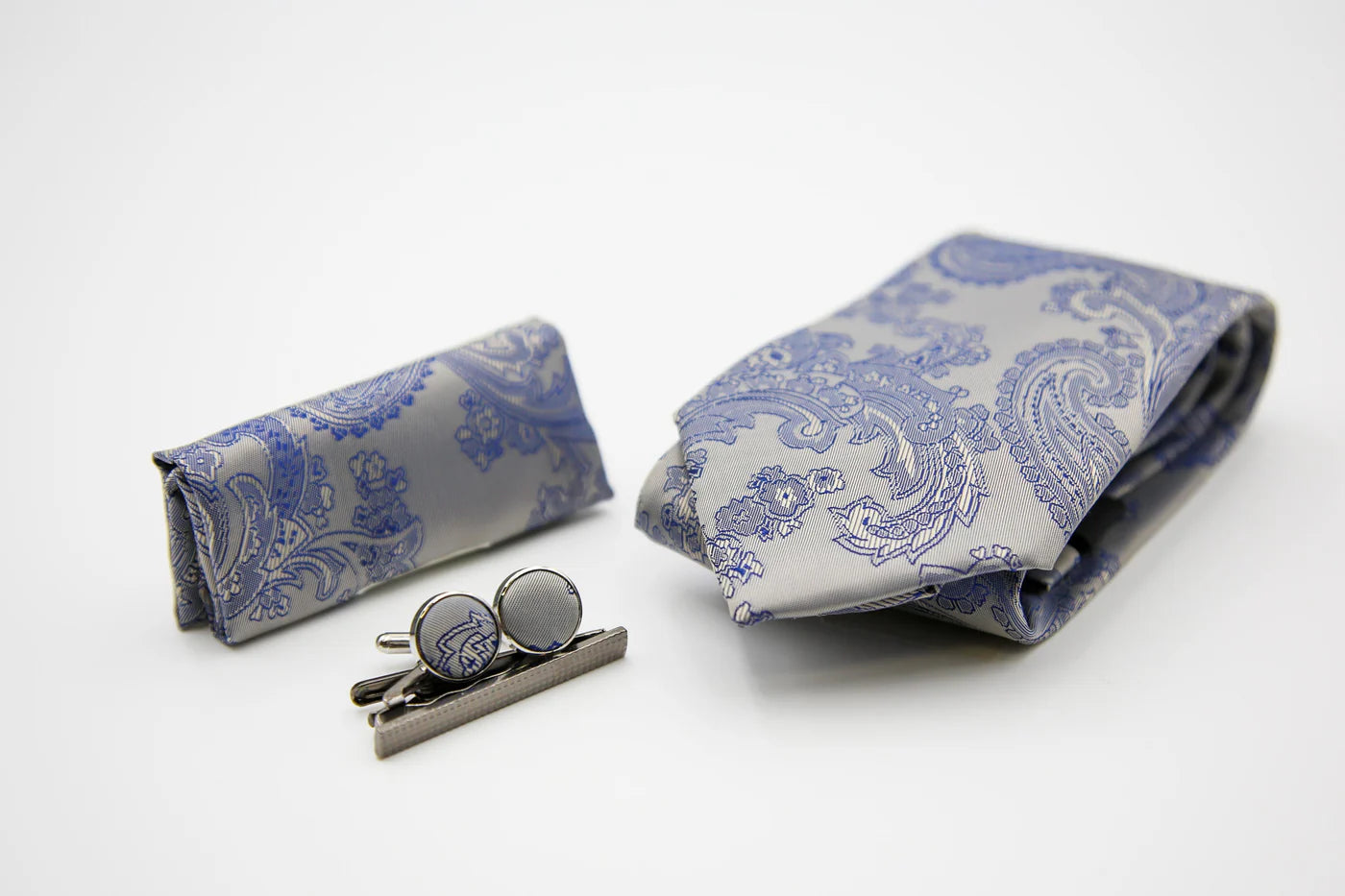 Men's Paisley Tie Cufflink Set - Silver Blue