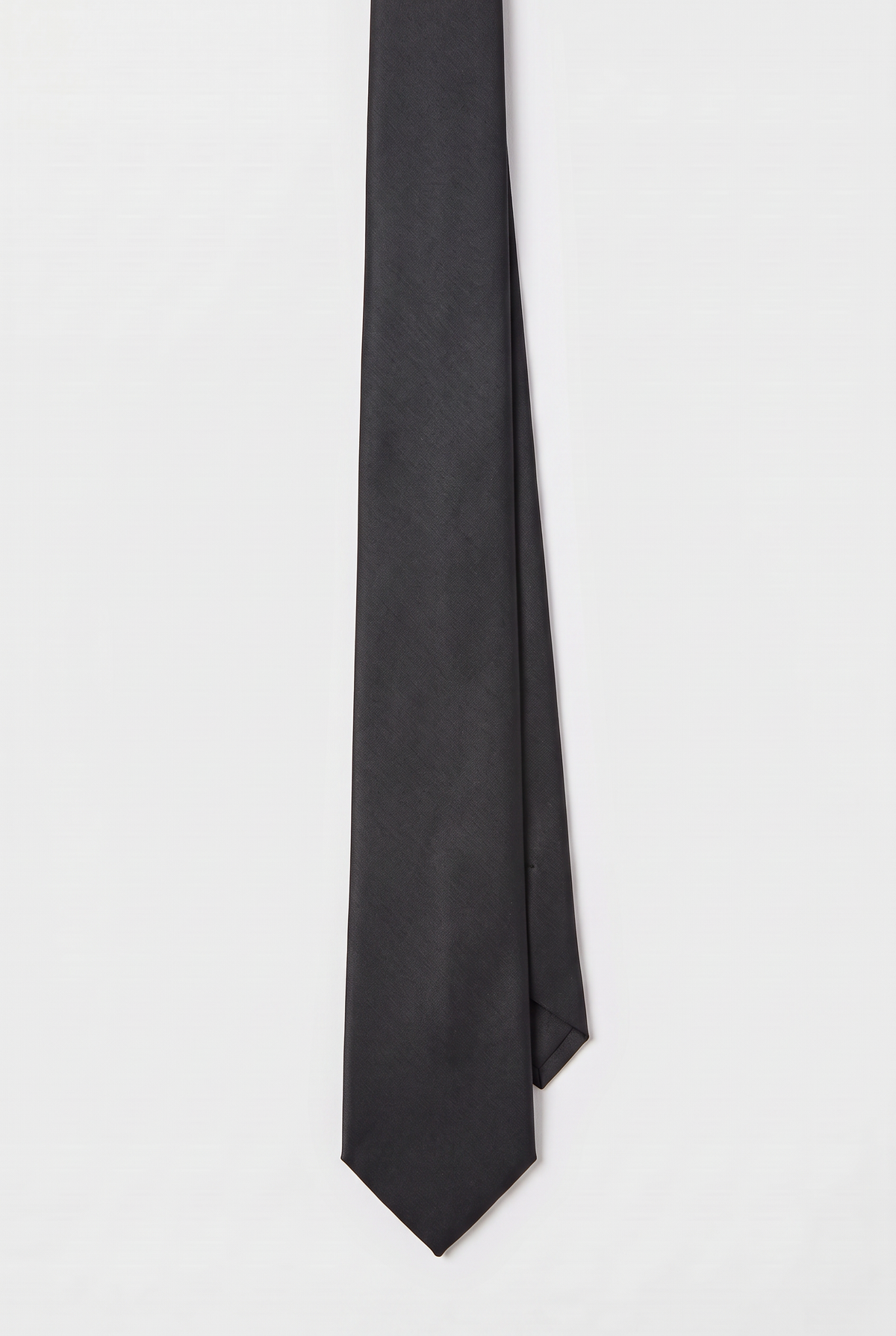 Black satin men's necktie, full-length front view 