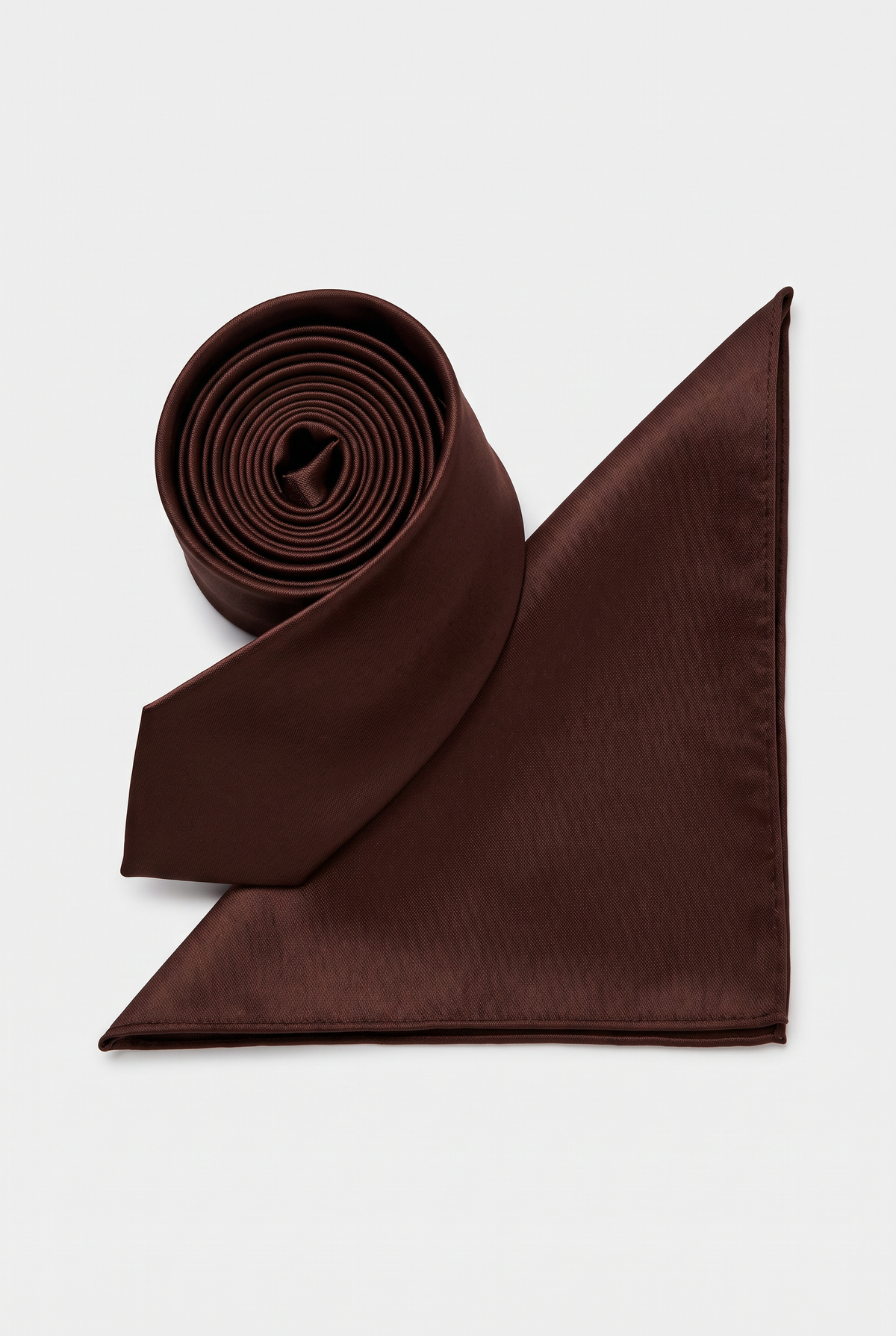 Brown satin men's necktie, rolled close-up view 