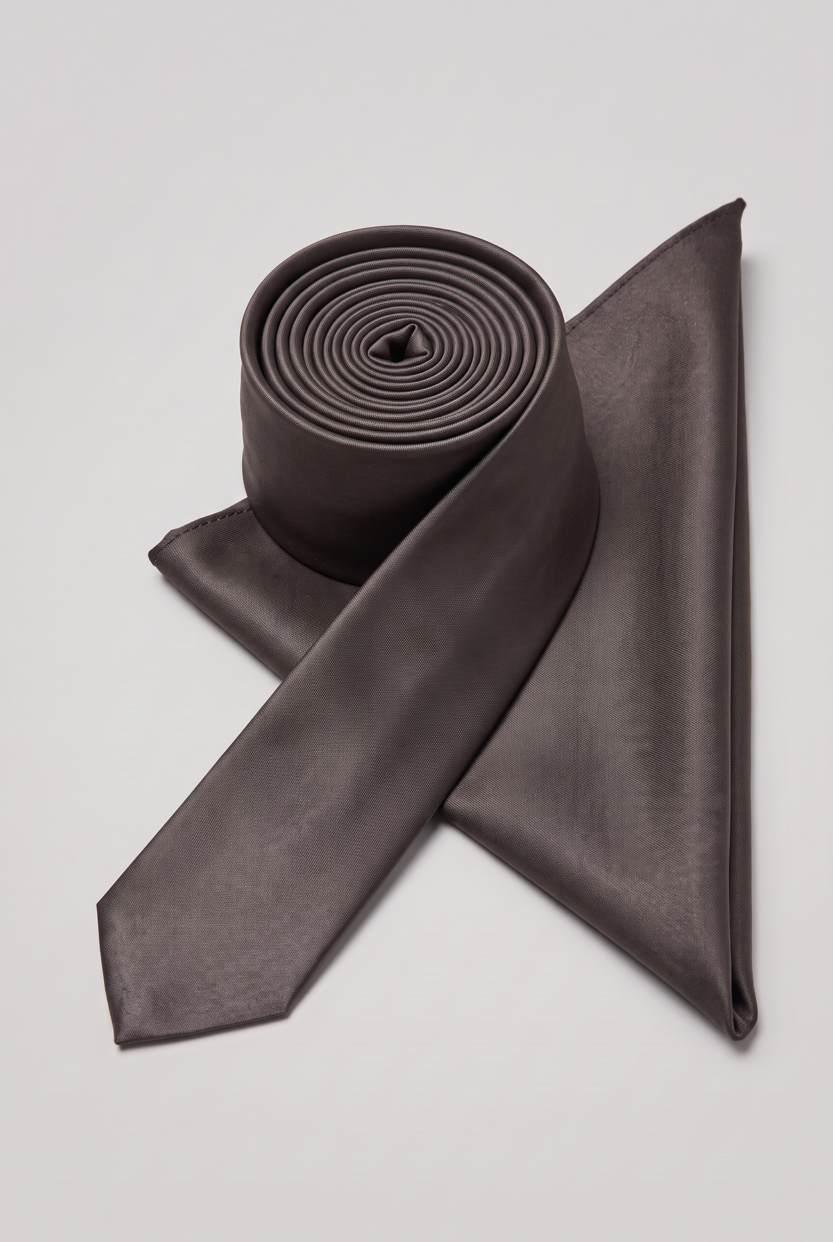 Dark Silver satin tie and matching pocket square set 