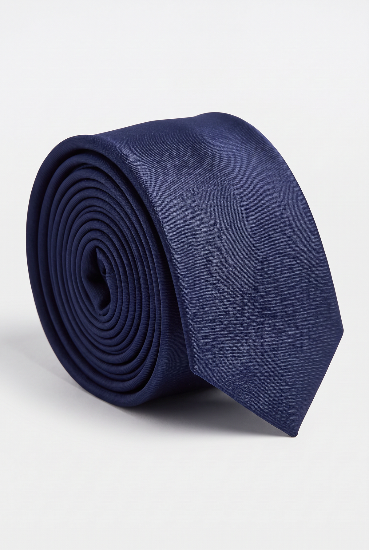 Navy satin men's necktie, rolled close-up view 