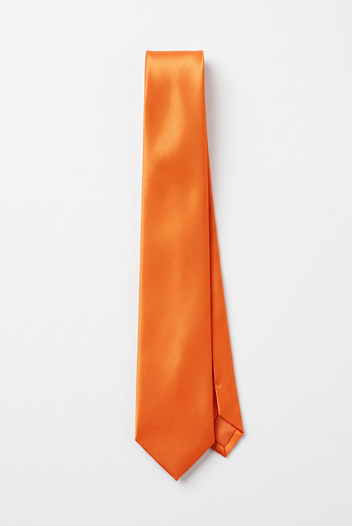 Orange satin men's necktie, full-length front view 