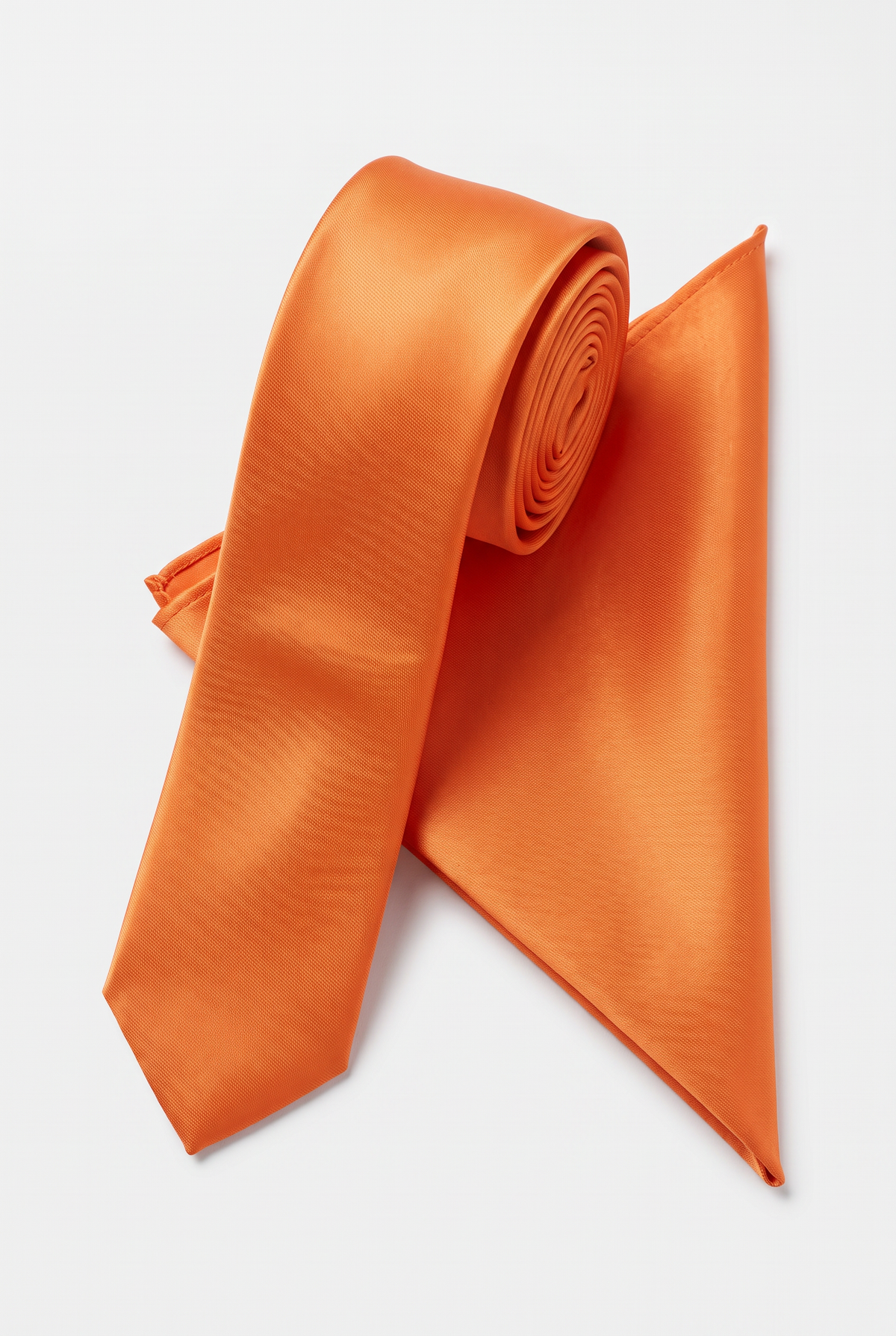 Orange satin tie and matching pocket square set 