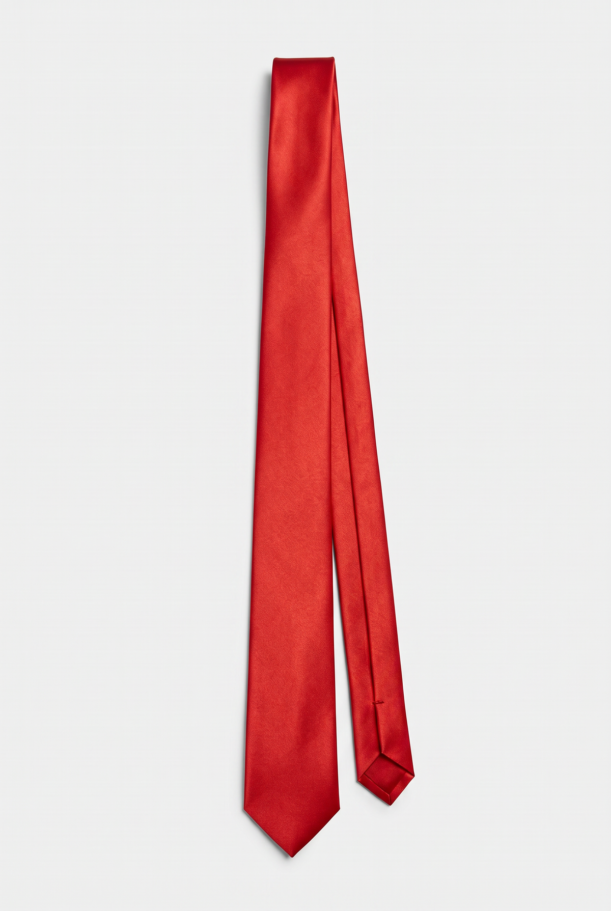 Red satin men's necktie, full-length front view 