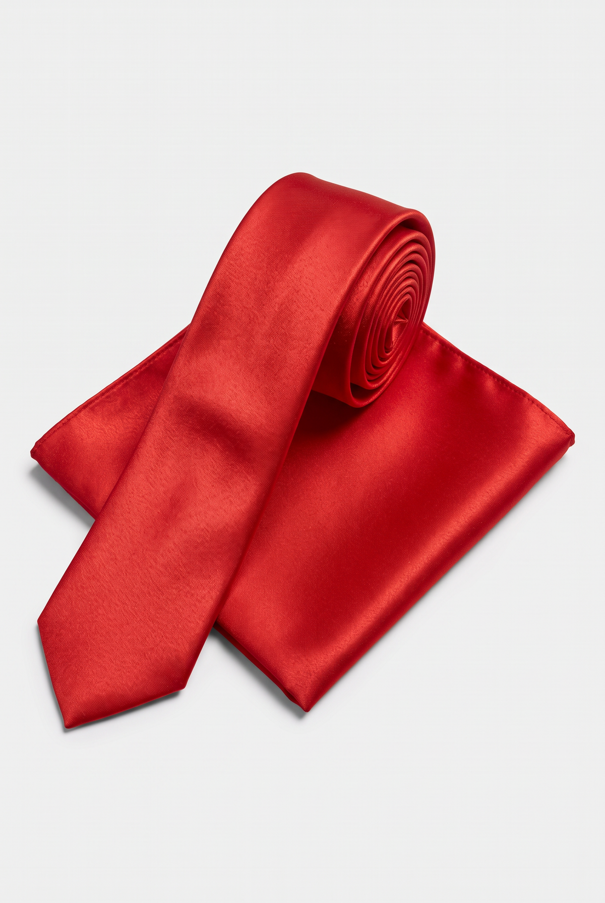 Red satin tie and matching pocket square set 