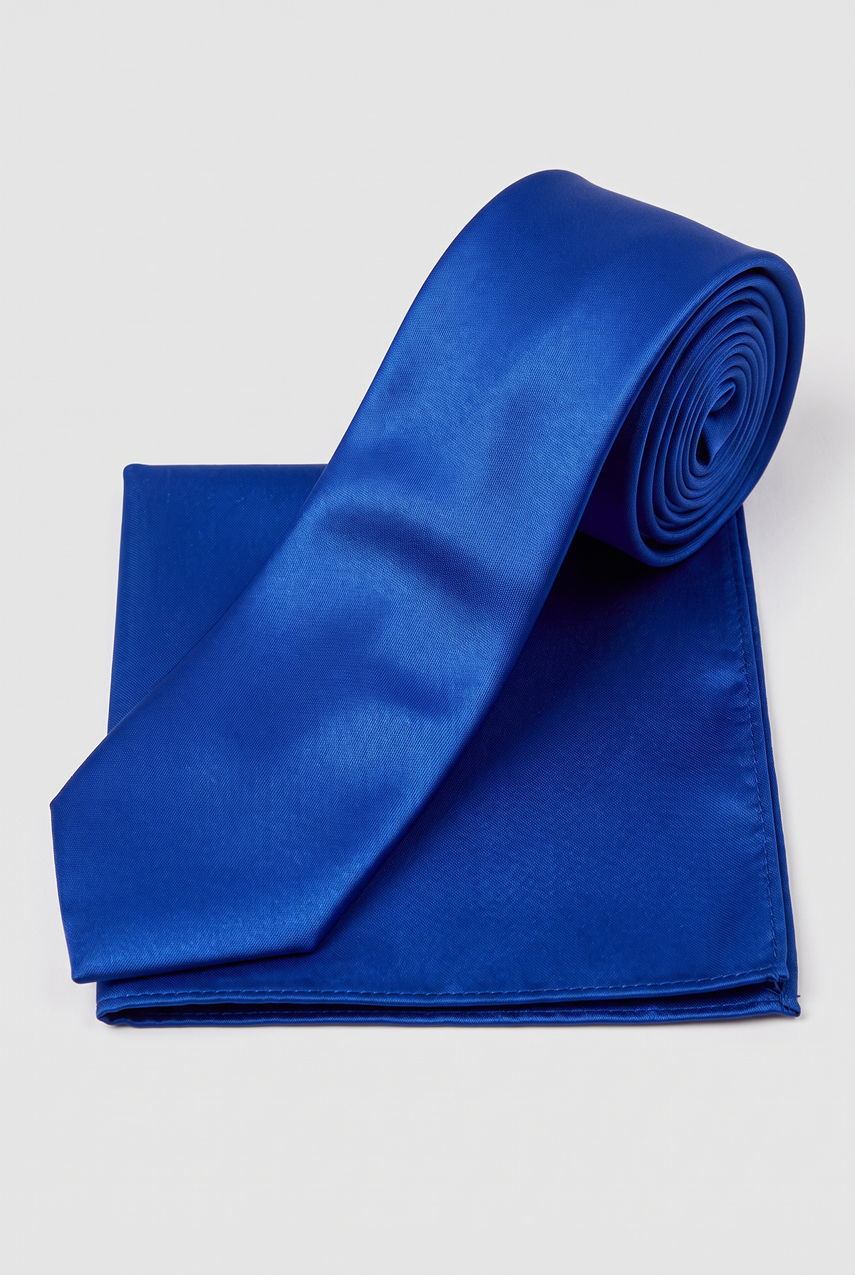 Royal Blue satin tie and matching pocket square set, rolled view 