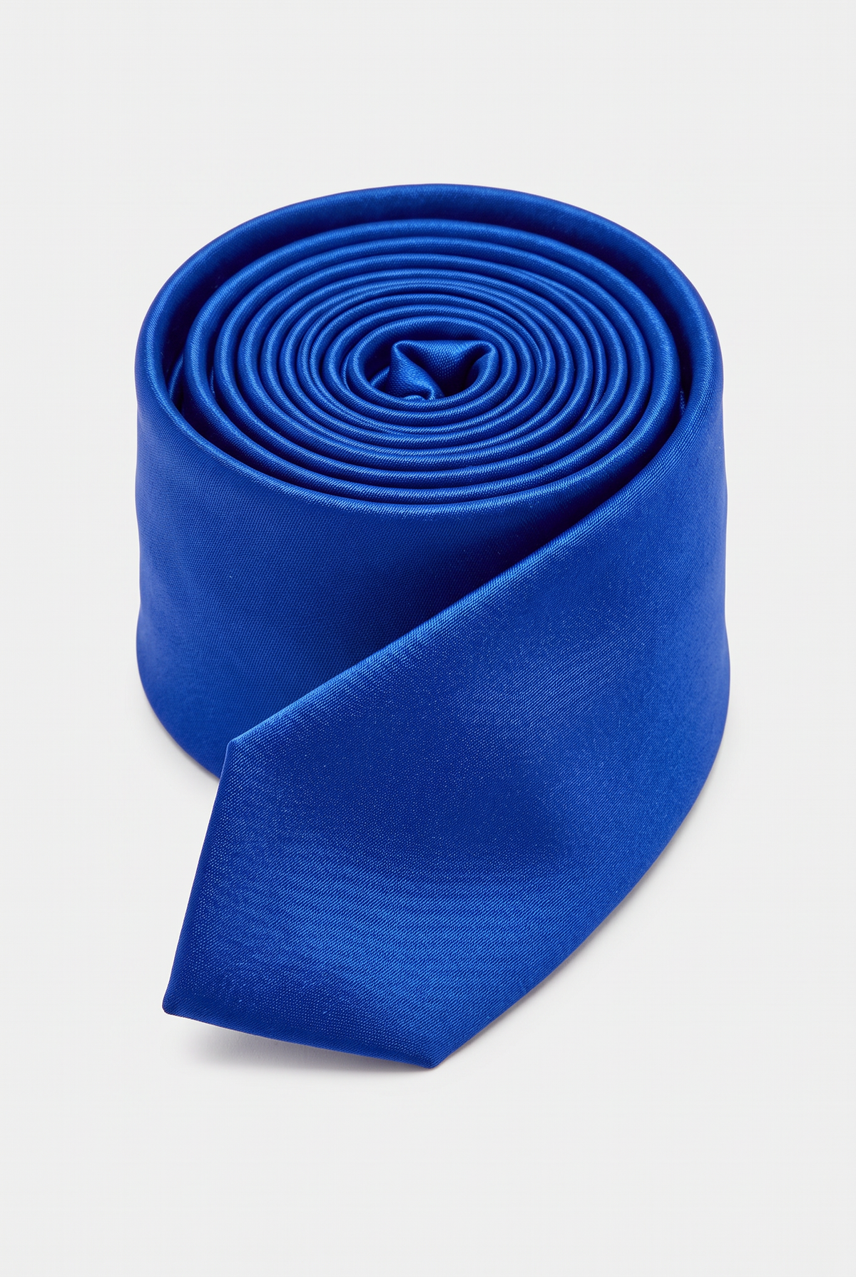 Royal Blue satin men's necktie, rolled close-up view 