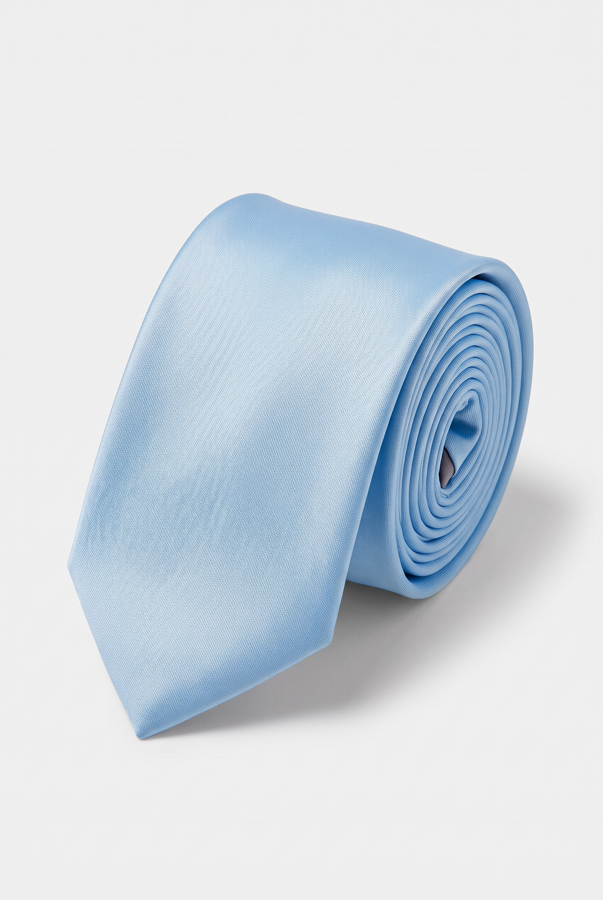 Sky Blue satin men's necktie, rolled close-up view 