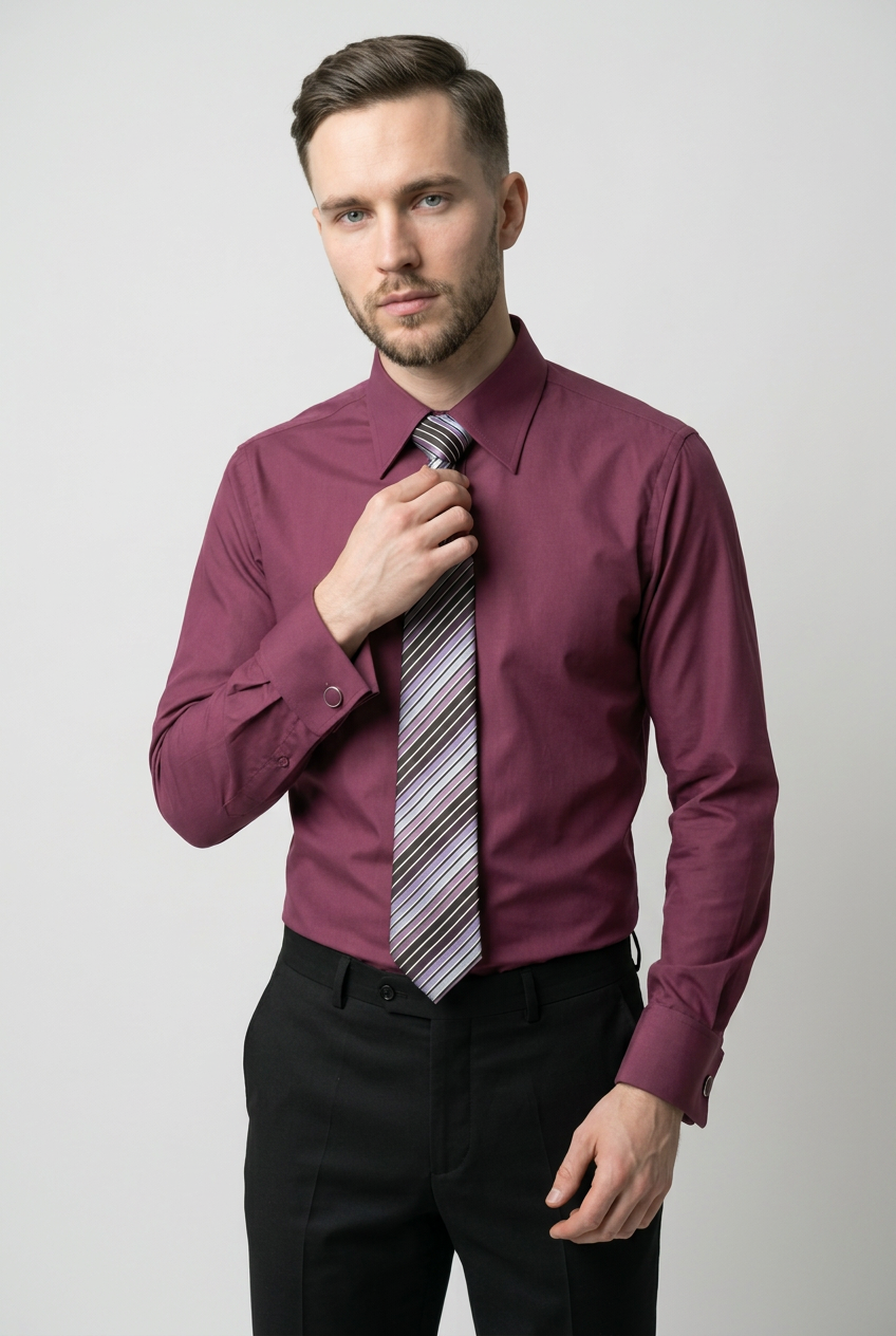 Men’s Plum Formal Shirt Set with Striped Tie and Cufflinks