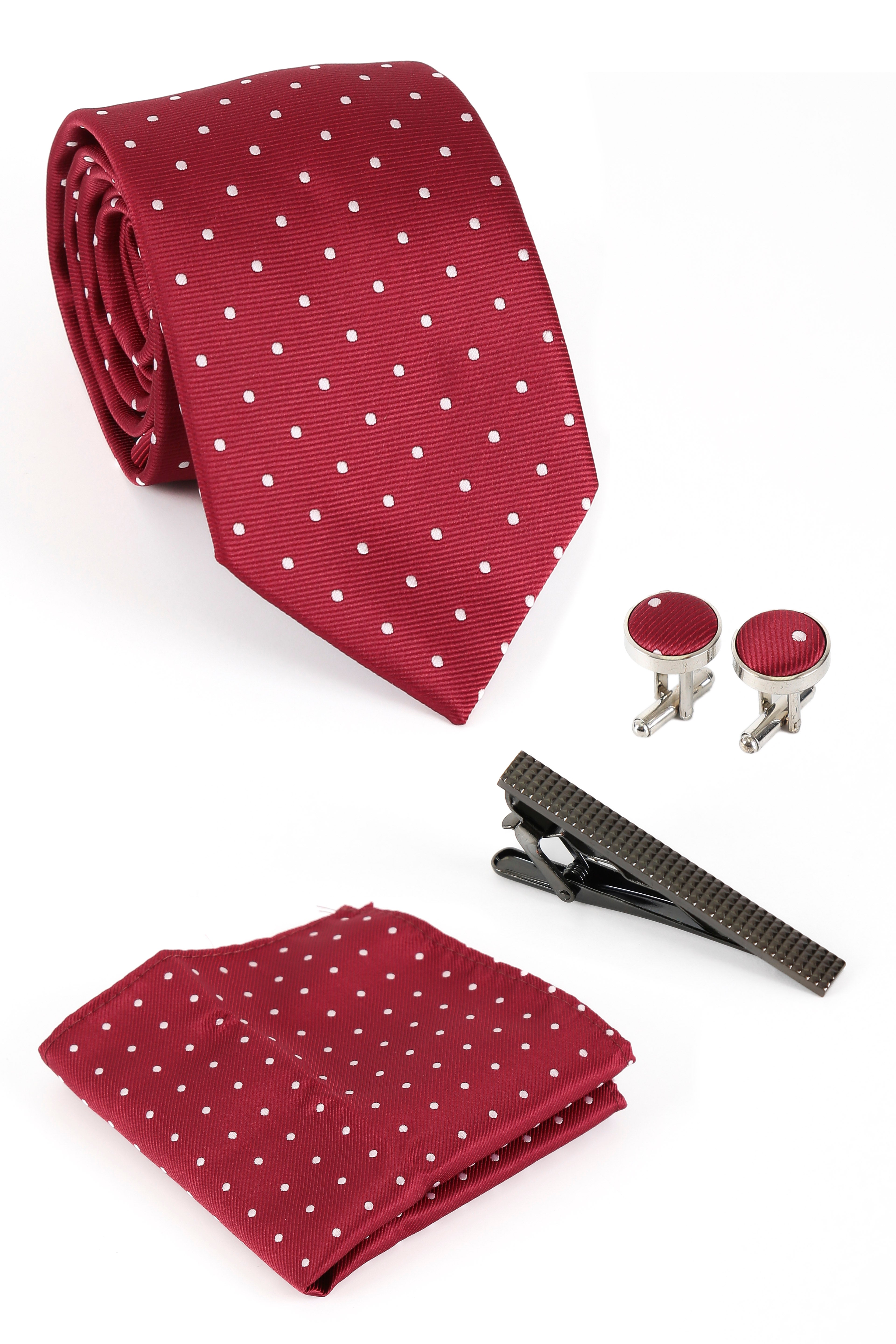 Men's Polka Dotted Tie Hanky & Cufflink Set - Burgundy Set Picture