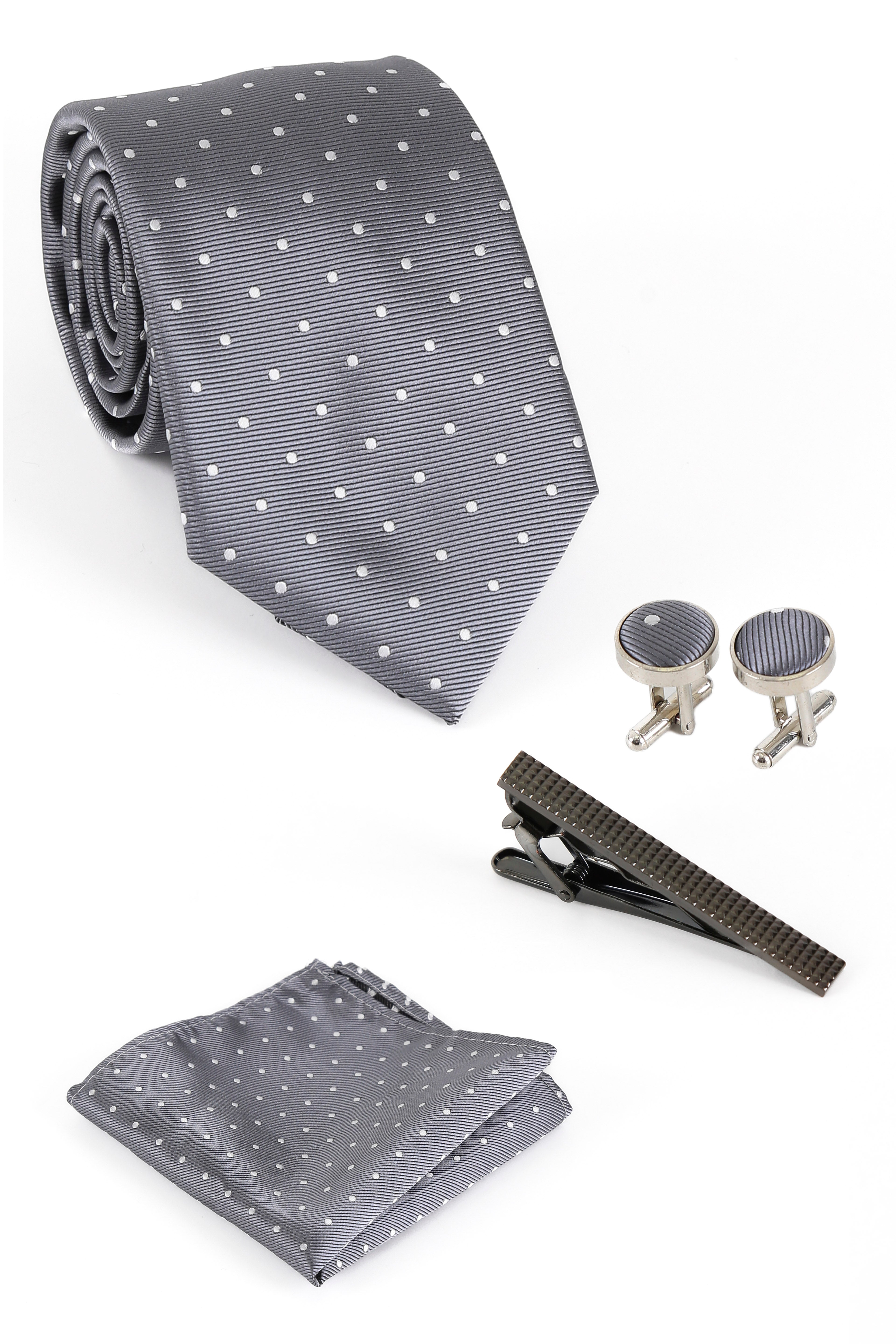 Men's Polka Dotted Tie Hanky & Cufflink Set - Grey Set Picture