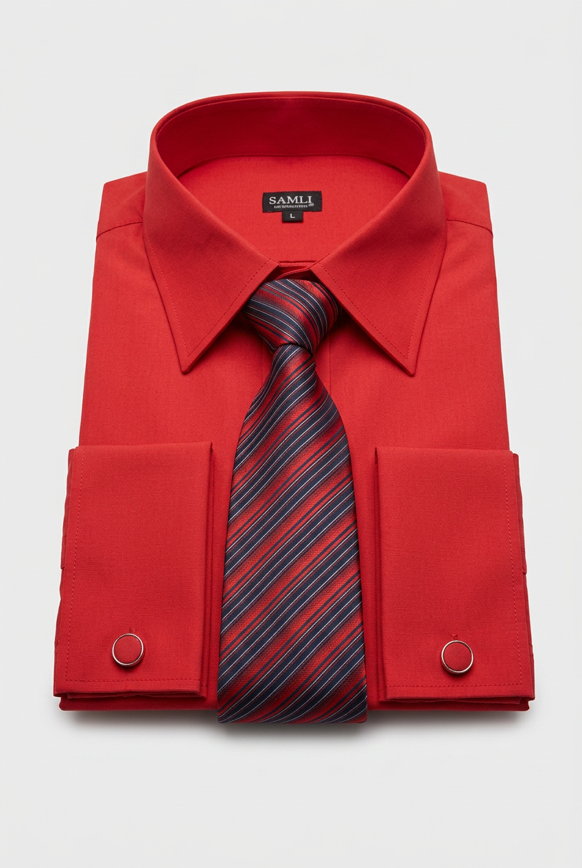Men’s Red Formal Shirt Set with Striped Tie and Cufflinks