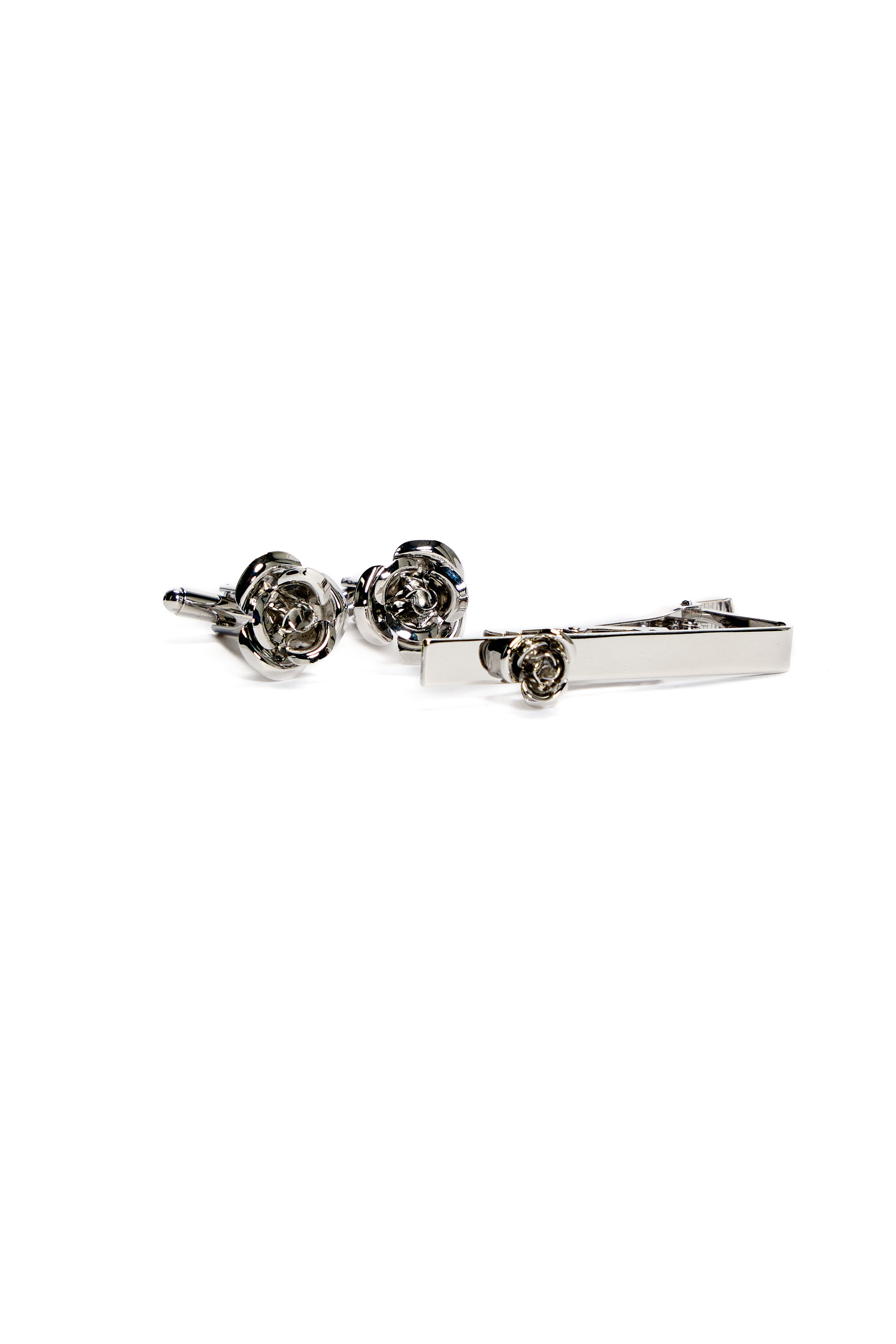 Men's Rose Cufflinks and Tie Clip Set - Silver