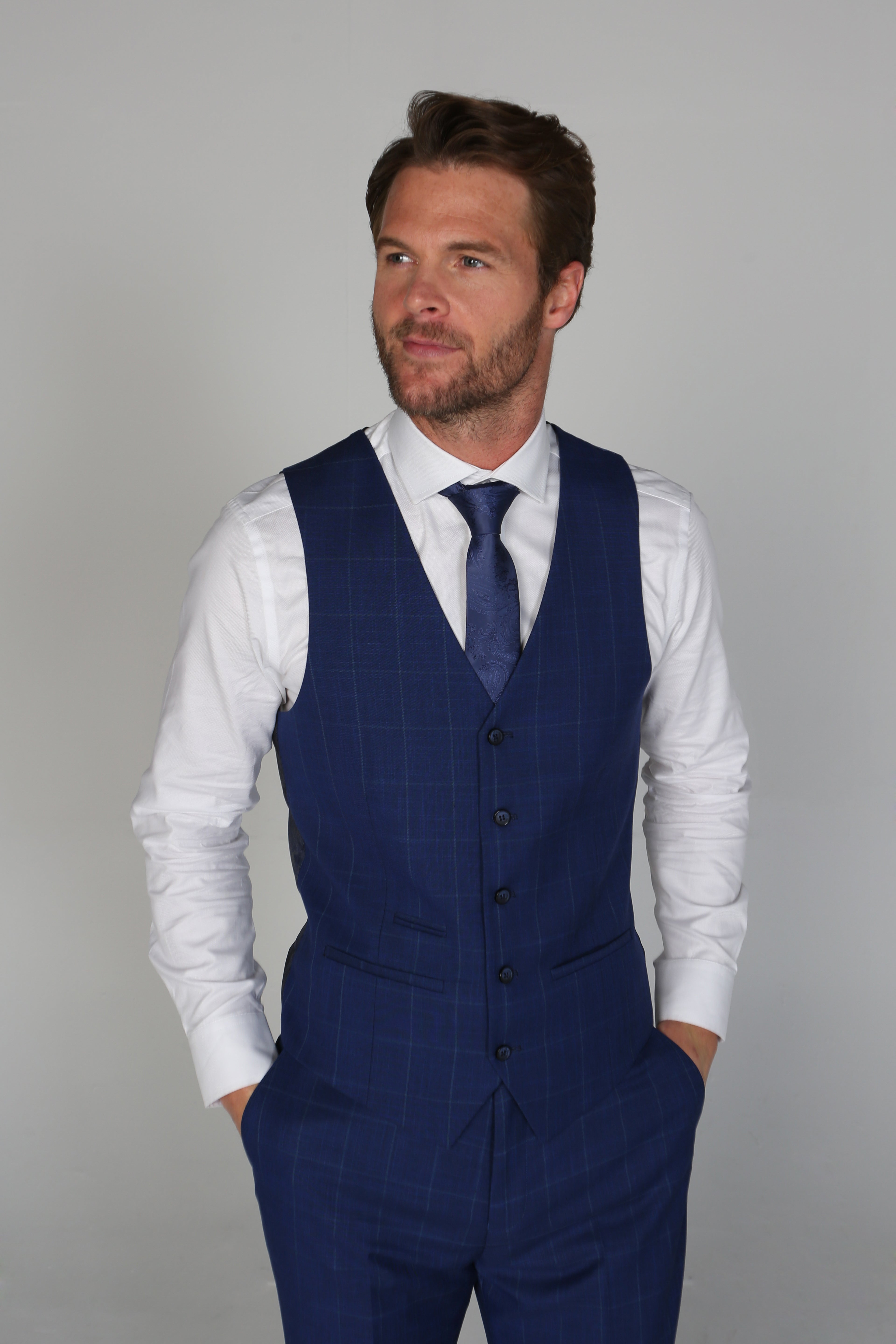 Men’s Royal Blue Check Waistcoat with Paisley Back