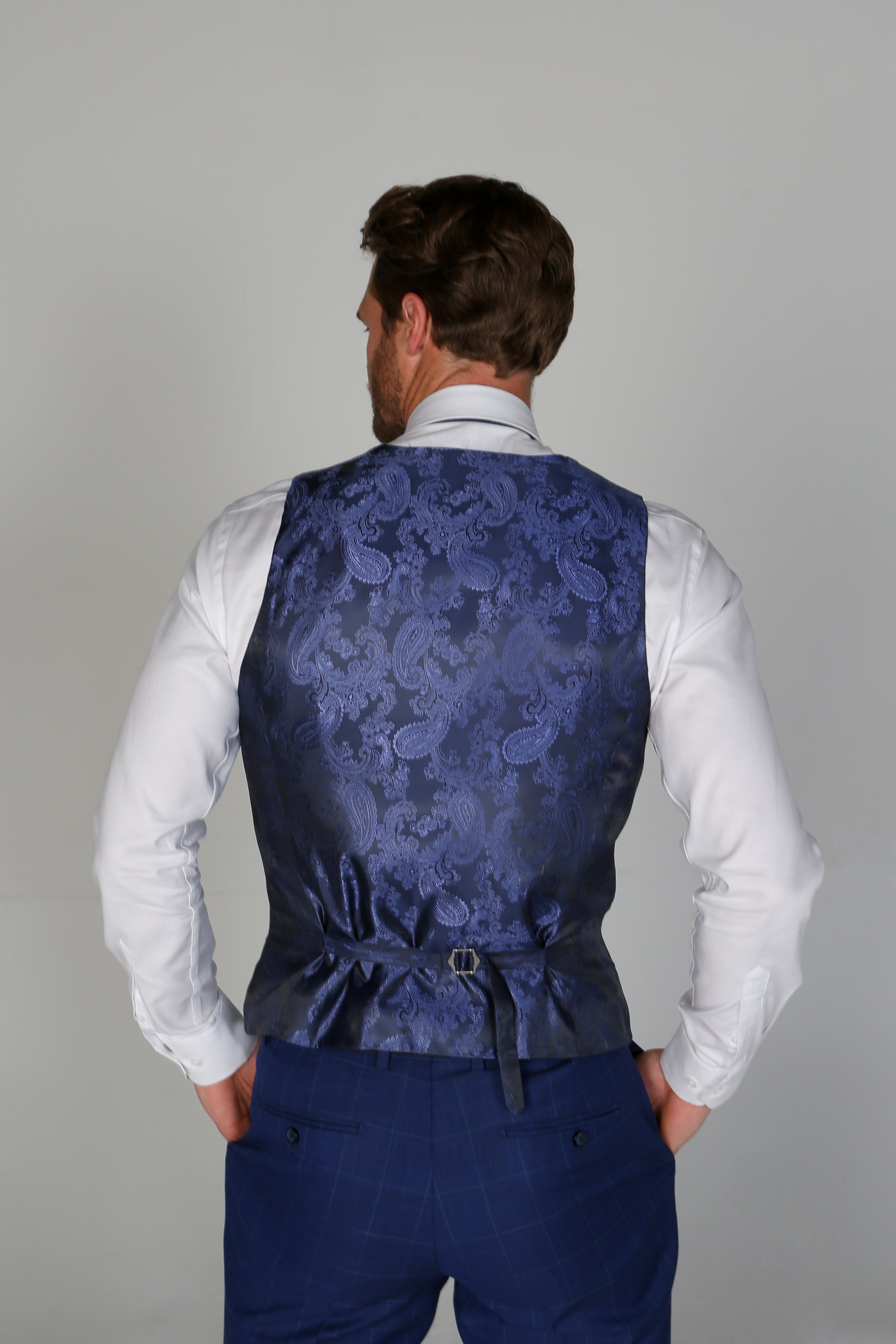 Men’s Royal Blue Check Waistcoat with Paisley Back