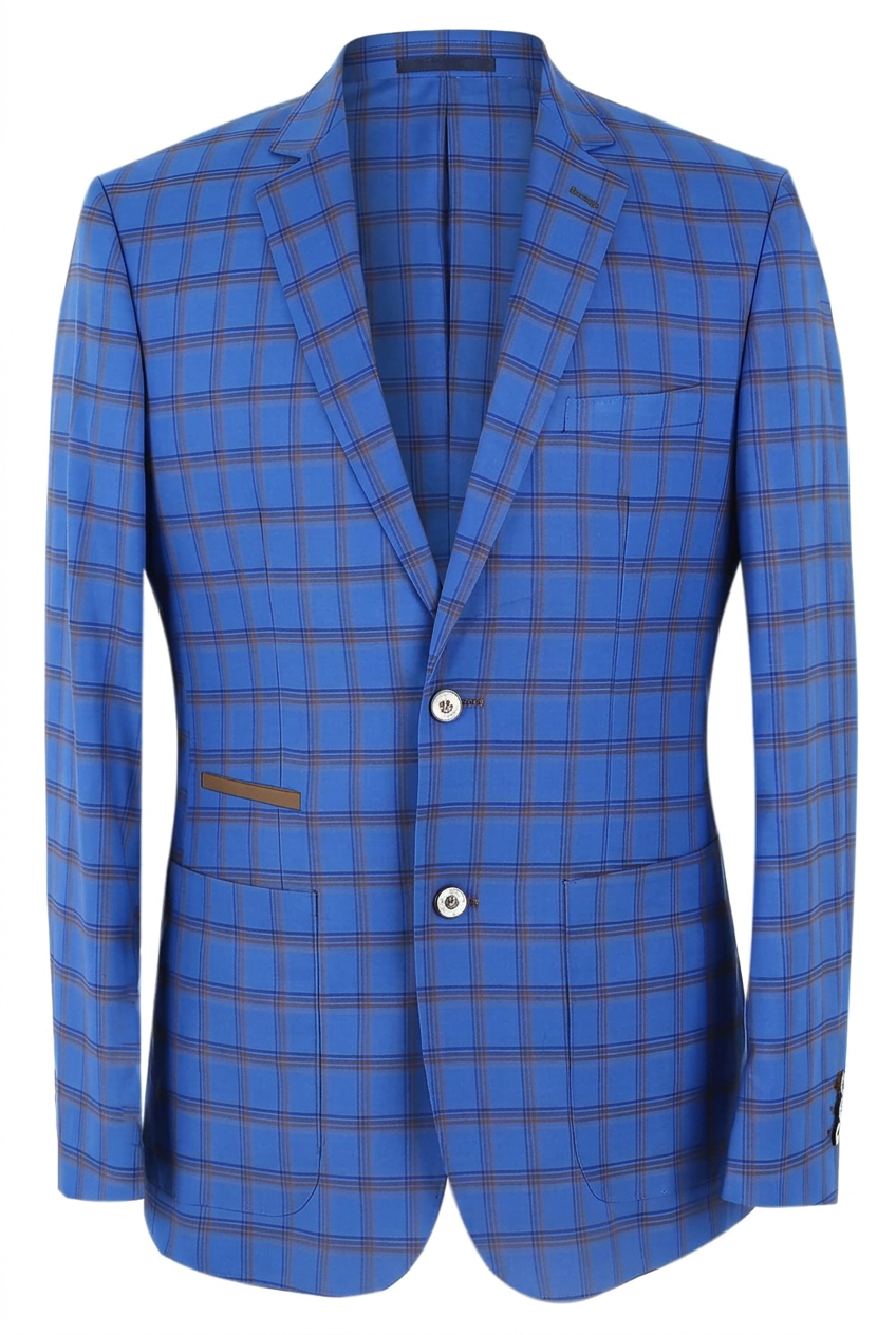 Men's Royal Blue Windowpane Check Slim Fit Blazer Jacket