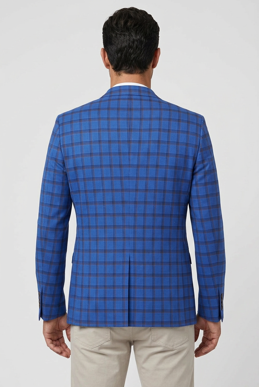 Men's Royal Blue Windowpane Check Slim Fit Blazer Jacket