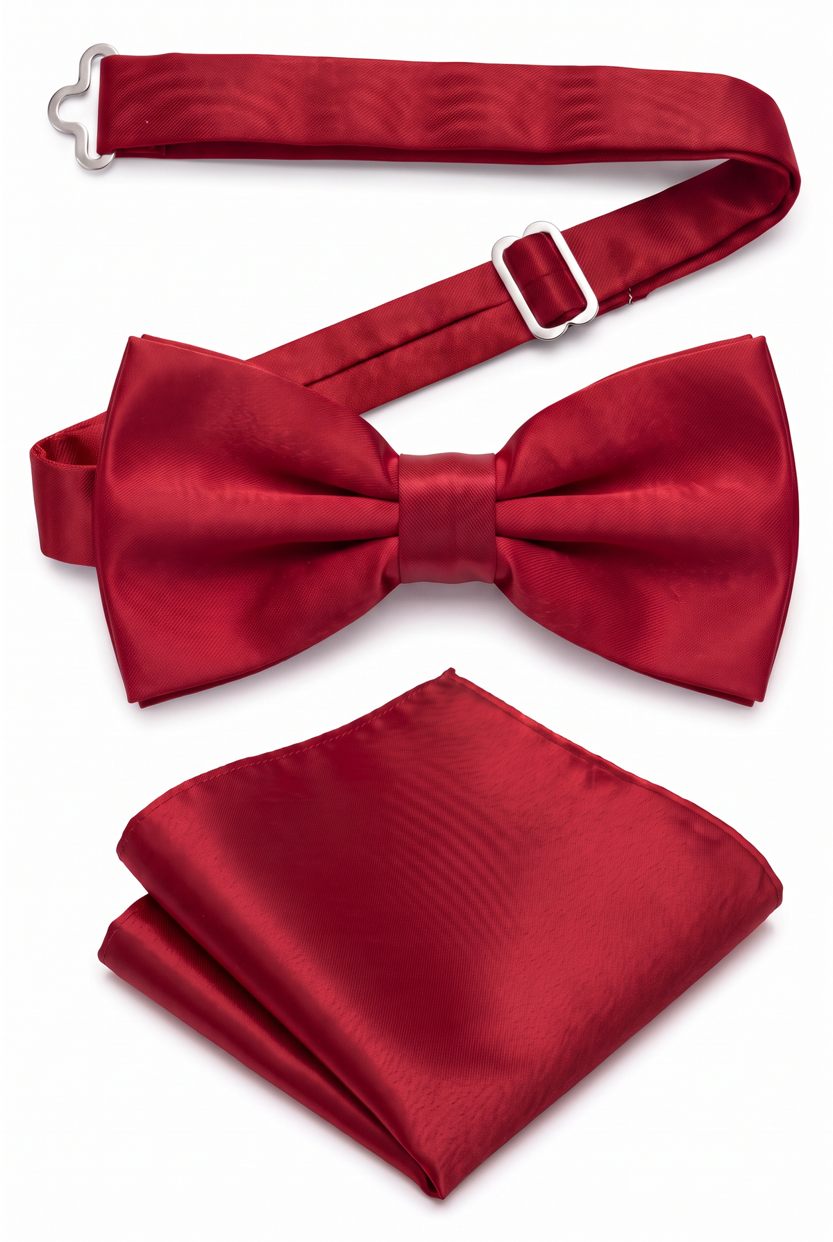 Men’s Burgundy satin pre-tied bow tie with adjustable neck strap and matching pocket square

