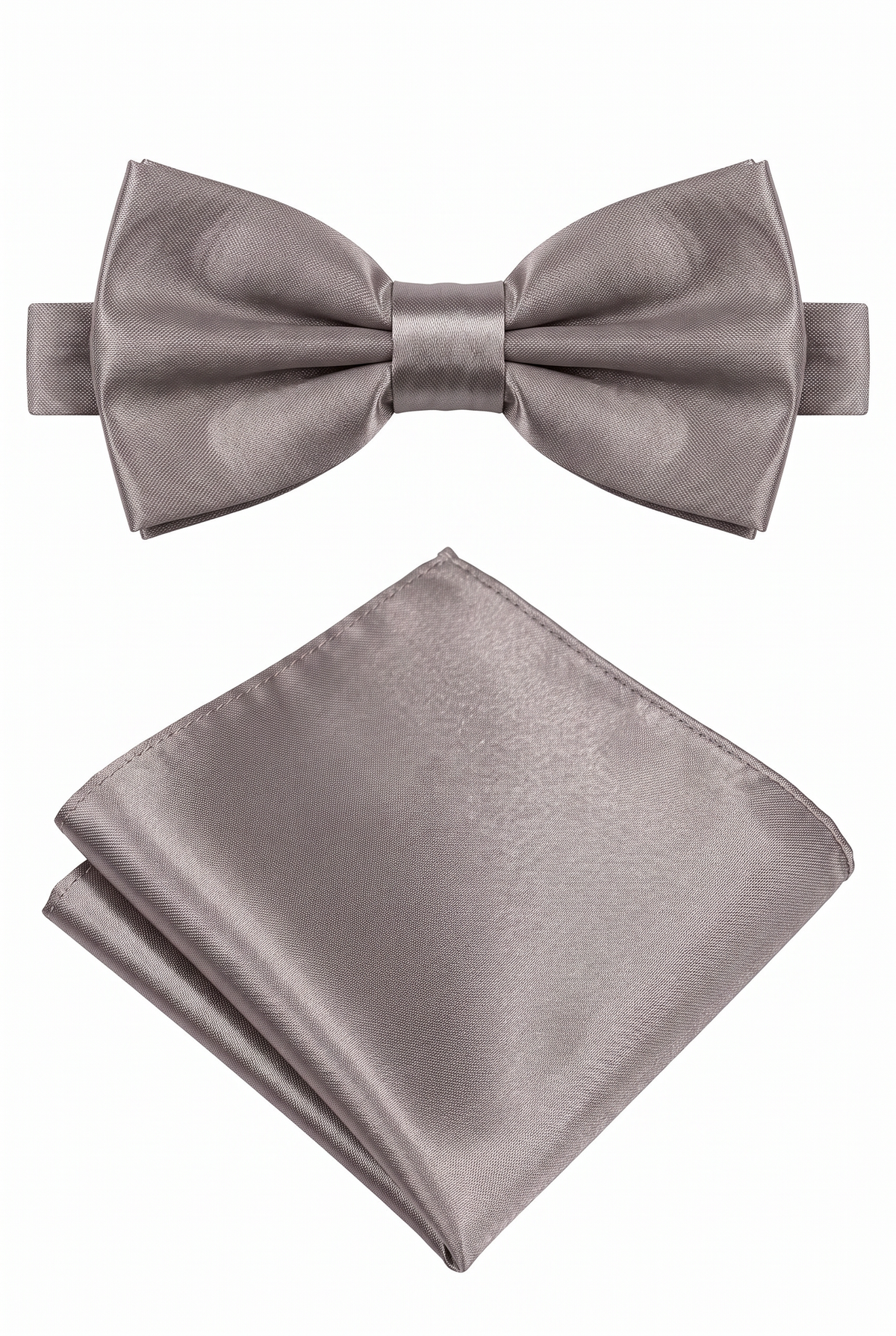 Dark Silver satin men’s bow tie and matching pocket square set for formal wear

