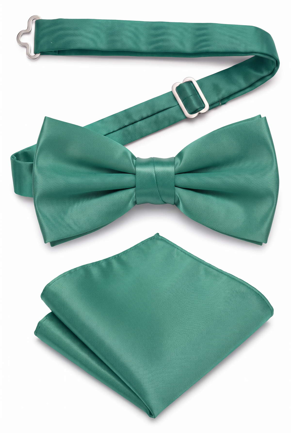 Men’s green satin pre-tied bow tie with adjustable neck strap and matching pocket square

