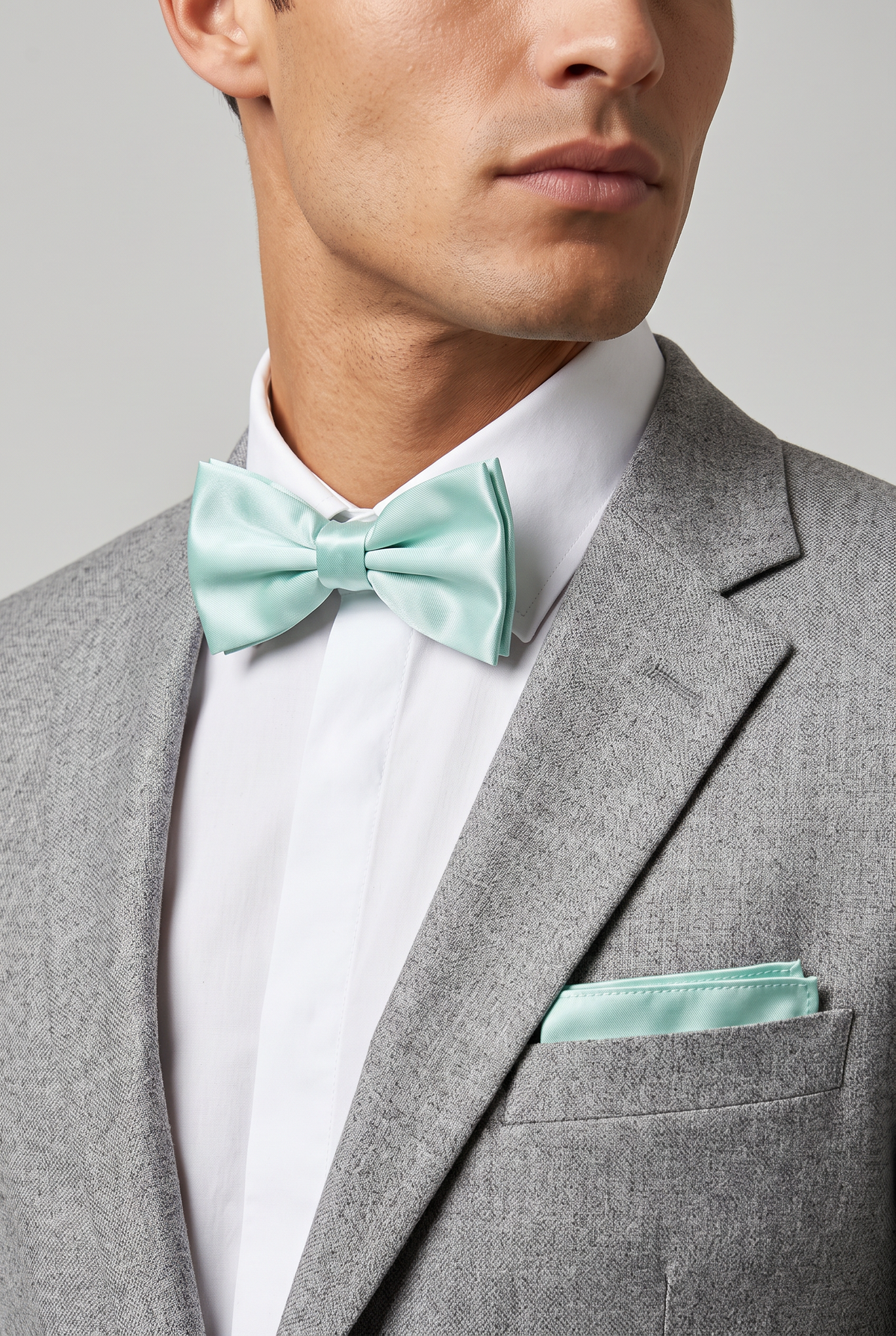 Men wearing a mint satin bow tie and matching pocket square with a suit