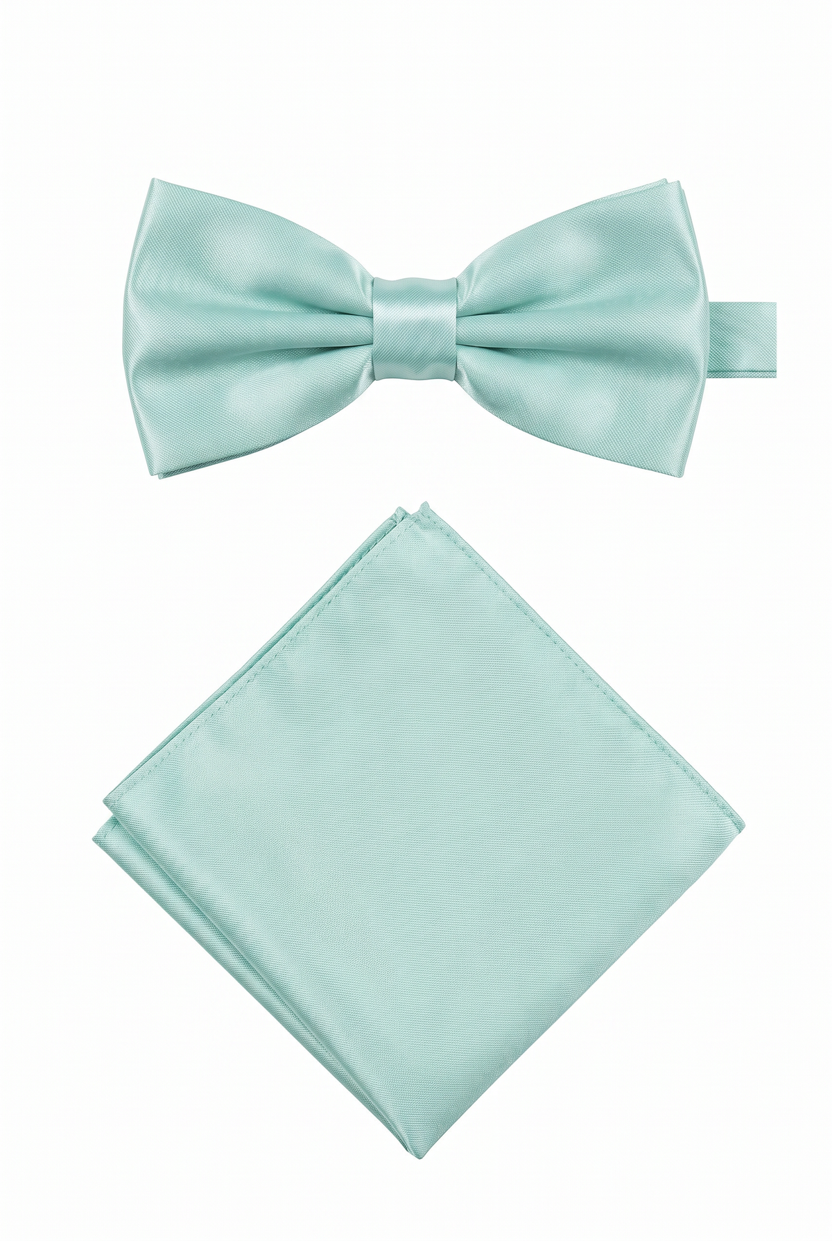 Mint satin men’s bow tie and matching pocket square set for formal wear

