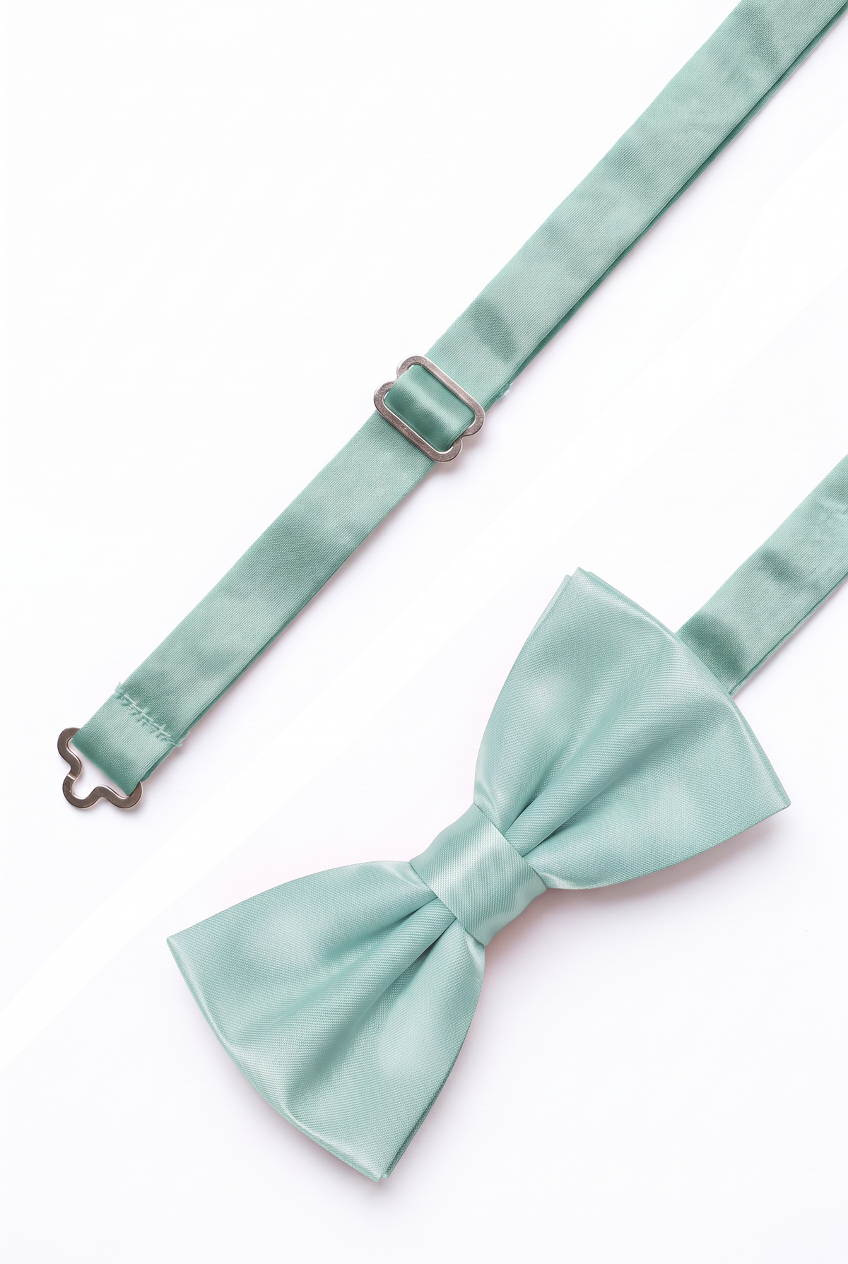 Adjustable mint satin bow tie for men with metal hook fastening

