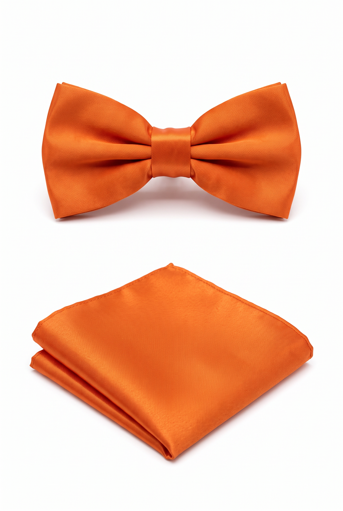 Orange satin men’s bow tie and matching pocket square set for formal wear

