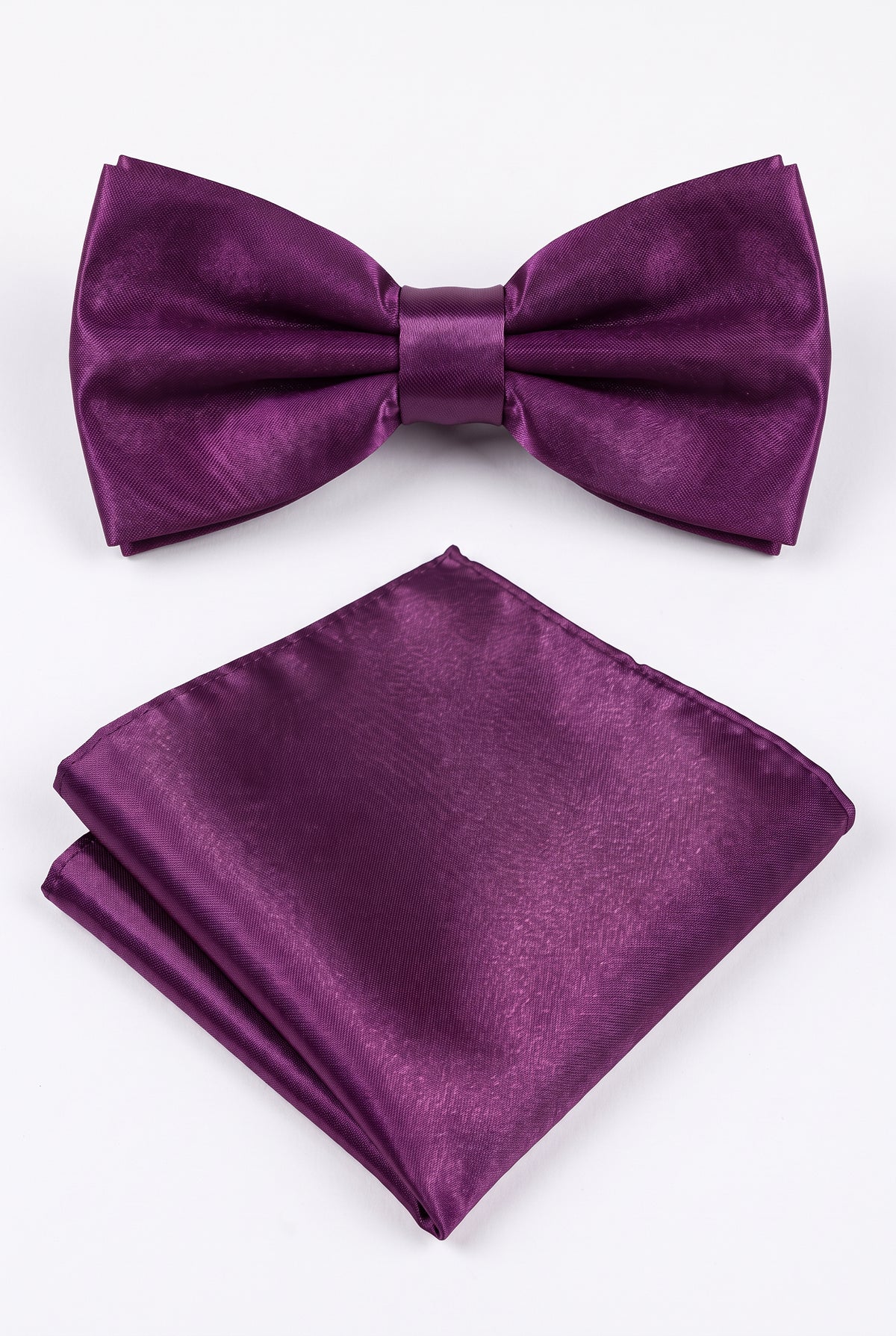 Purple satin men’s bow tie and matching pocket square set for formal wear

