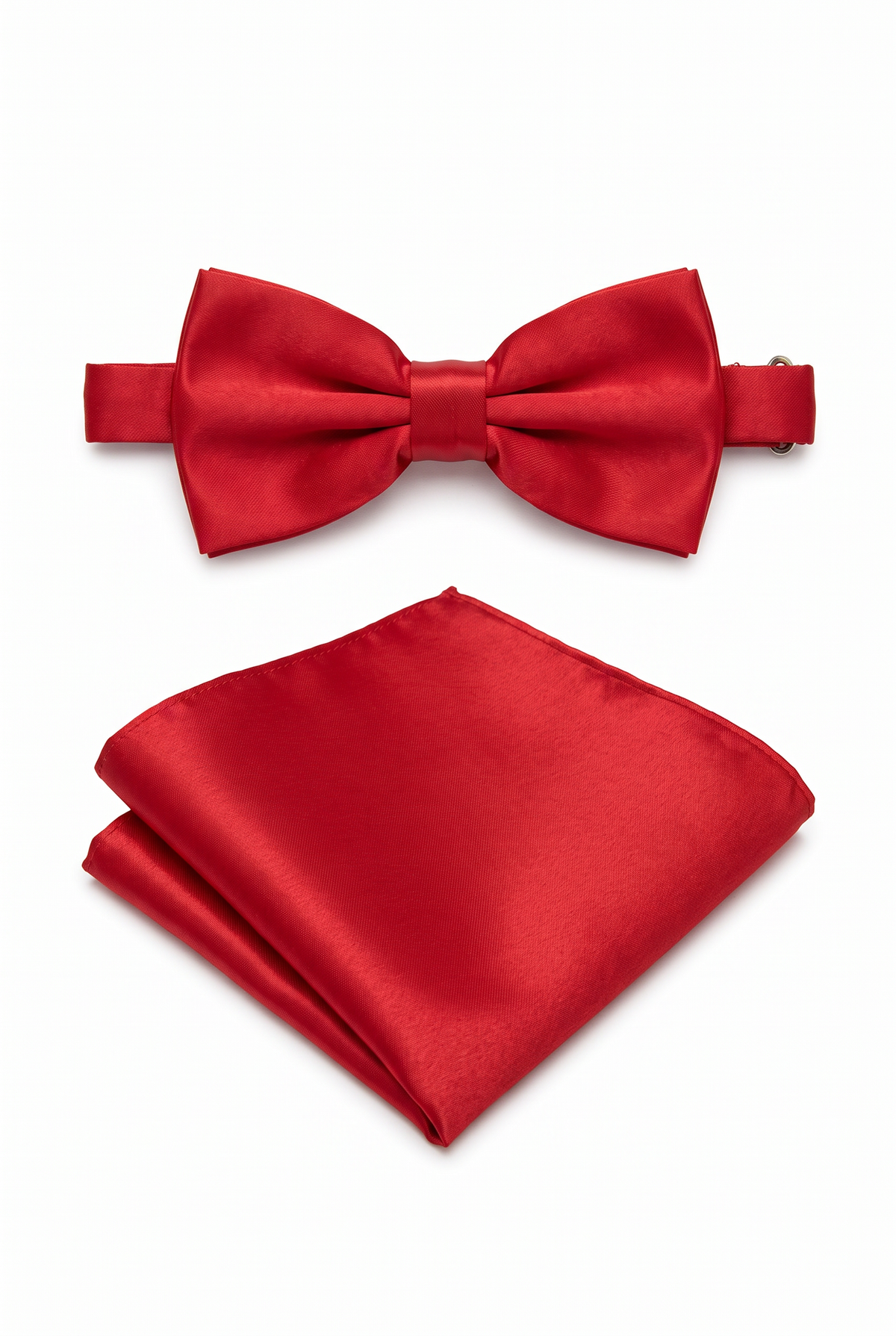 Red satin men’s bow tie and matching pocket square set for formal wear