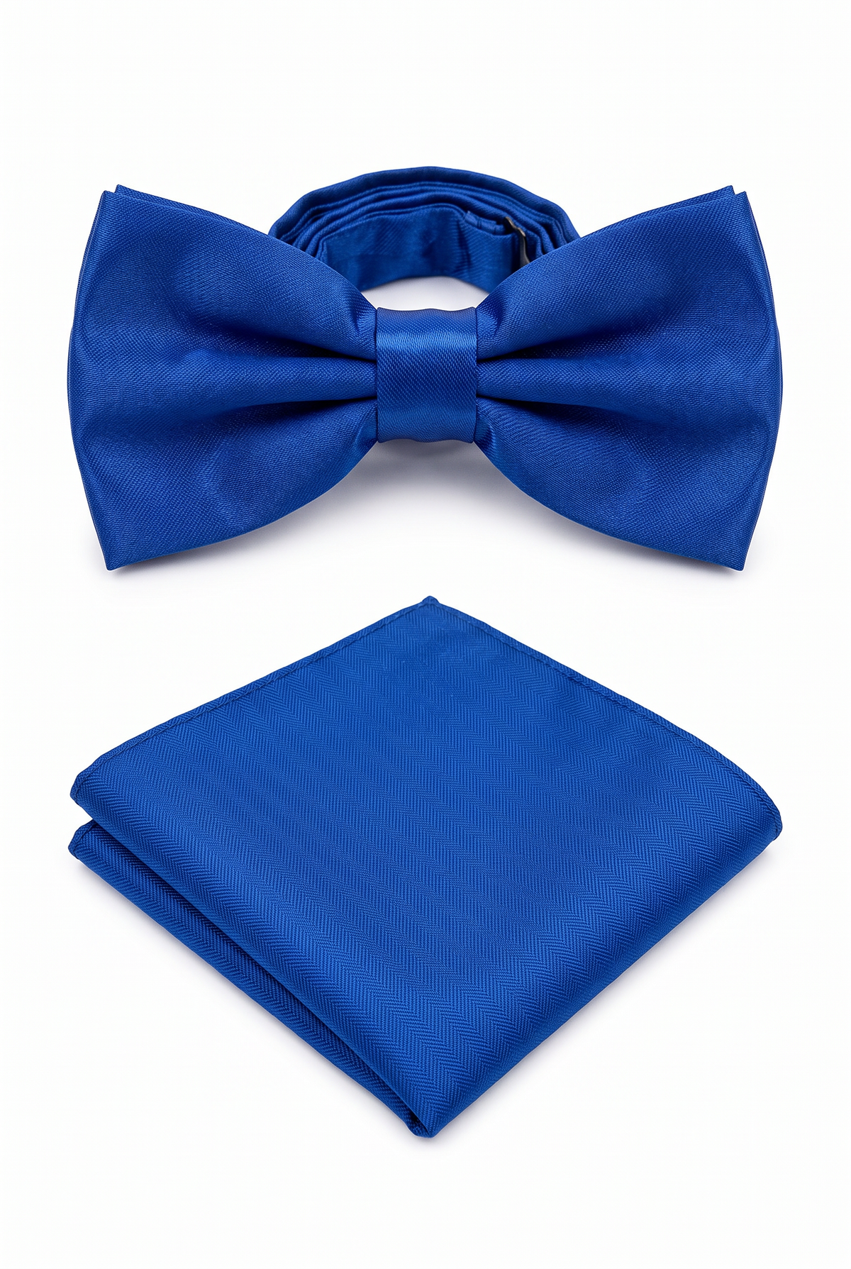Dark Royal Blue men’s bow tie and matching pocket square set for formal wear

