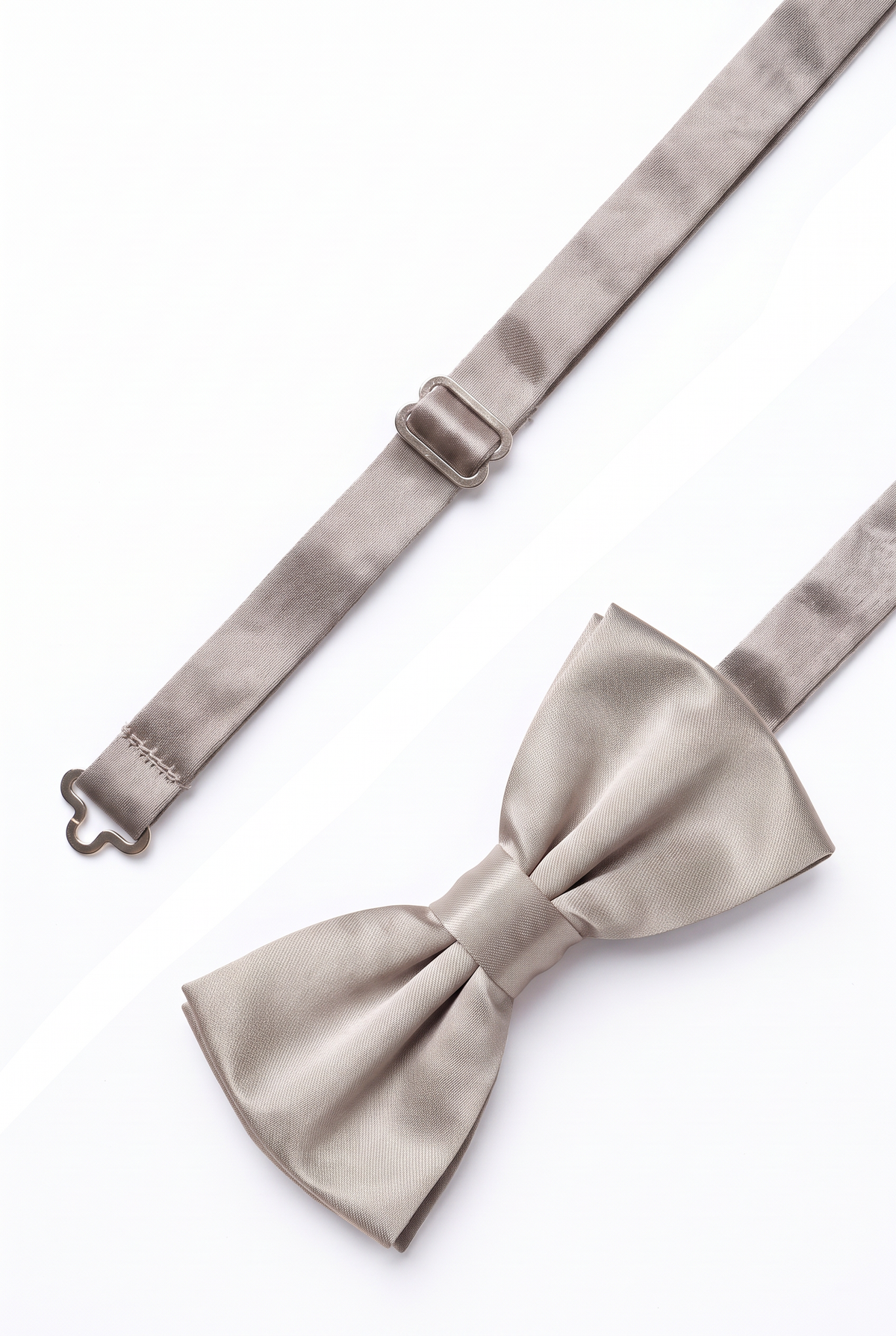 Adjustable silver satin bow tie for men with metal hook fastening

