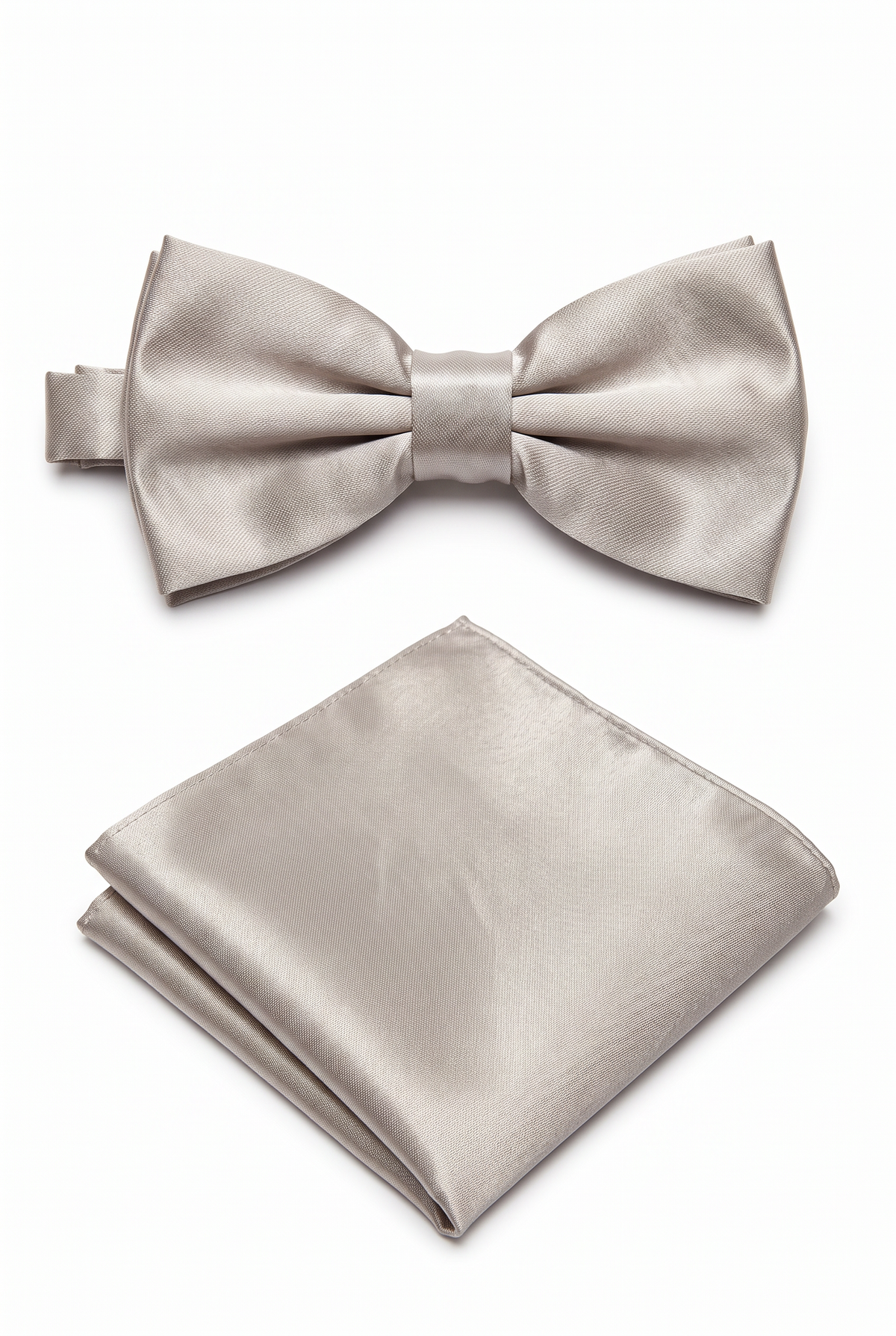 Silver men’s bow tie and matching pocket square set for formal wear

