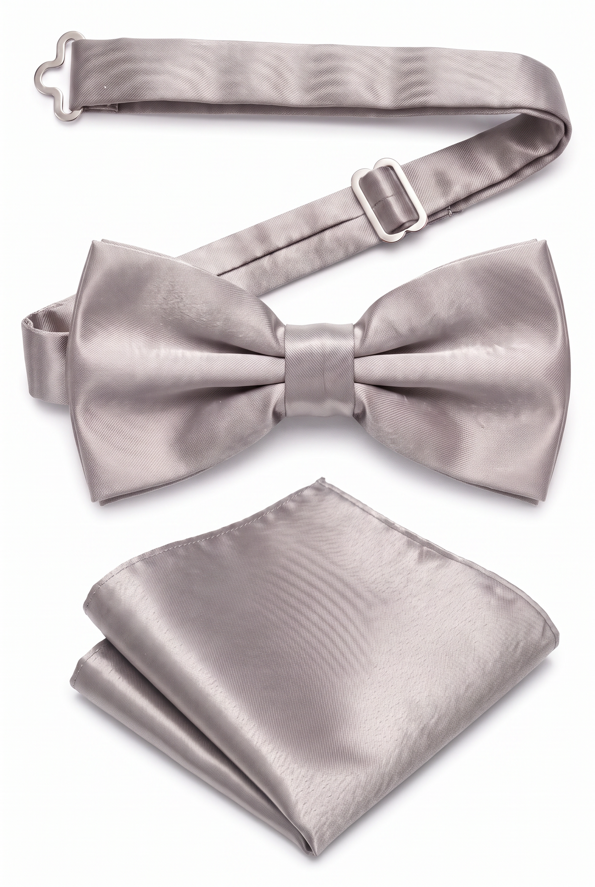 Men’s silver satin pre-tied bow tie with adjustable neck strap and matching pocket square

