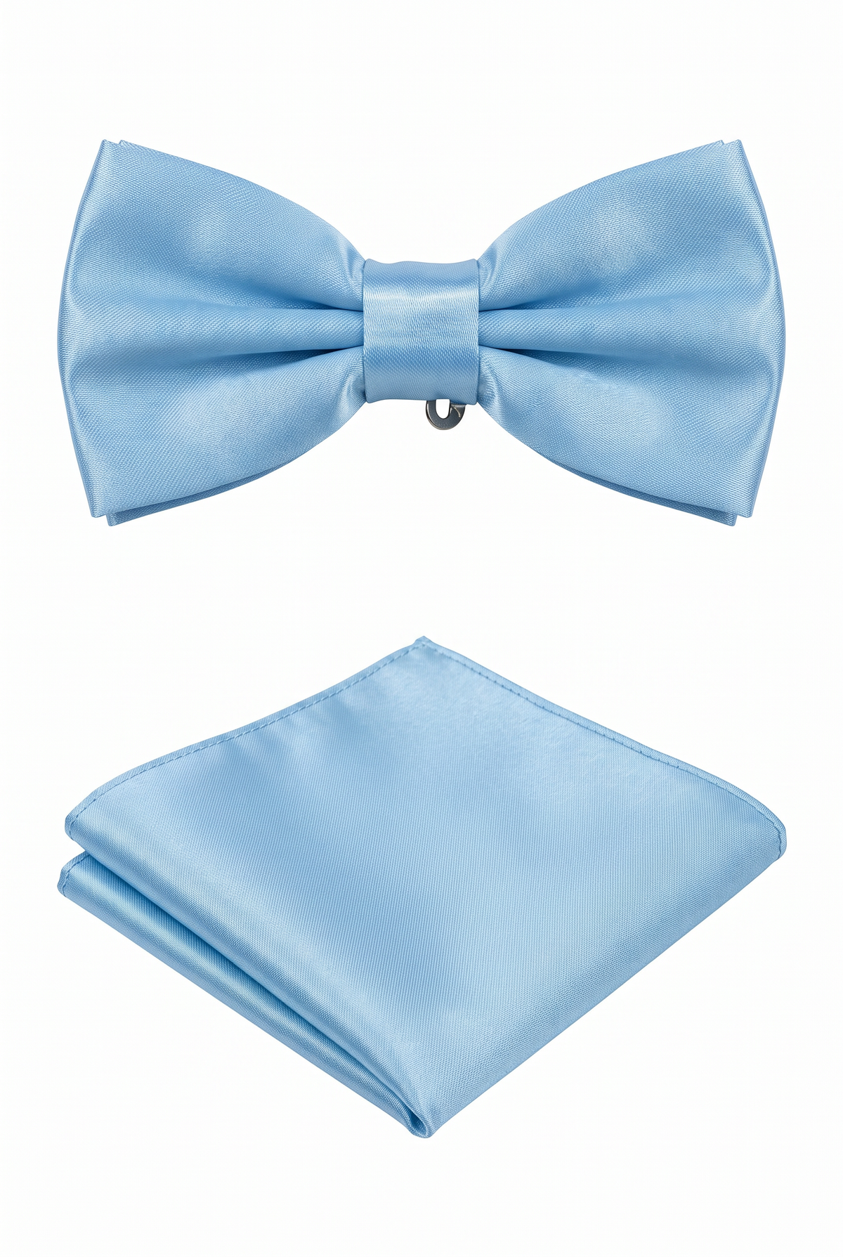 Sky Blue satin men’s bow tie and matching pocket square set for formal wear