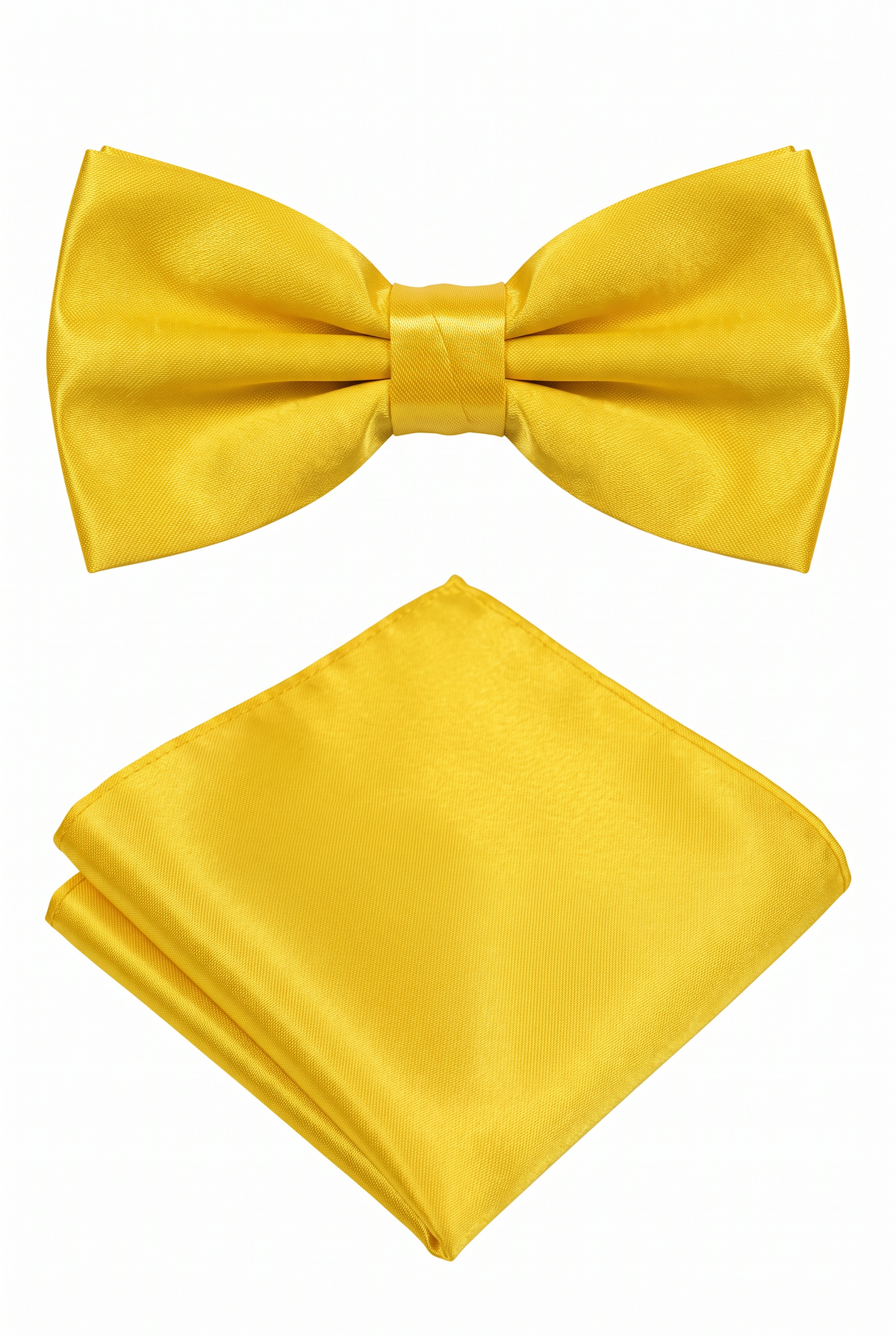 Yellow satin men’s bow tie and matching pocket square set for formal wear

