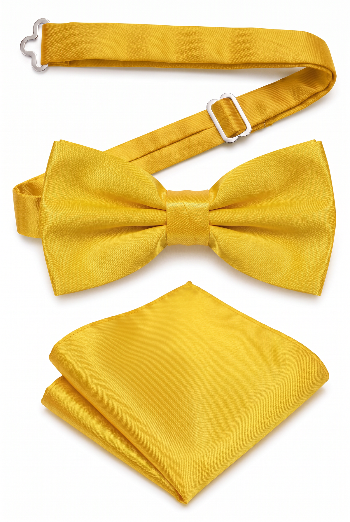 Men’s yellow satin pre-tied bow tie with adjustable neck strap and matching pocket square