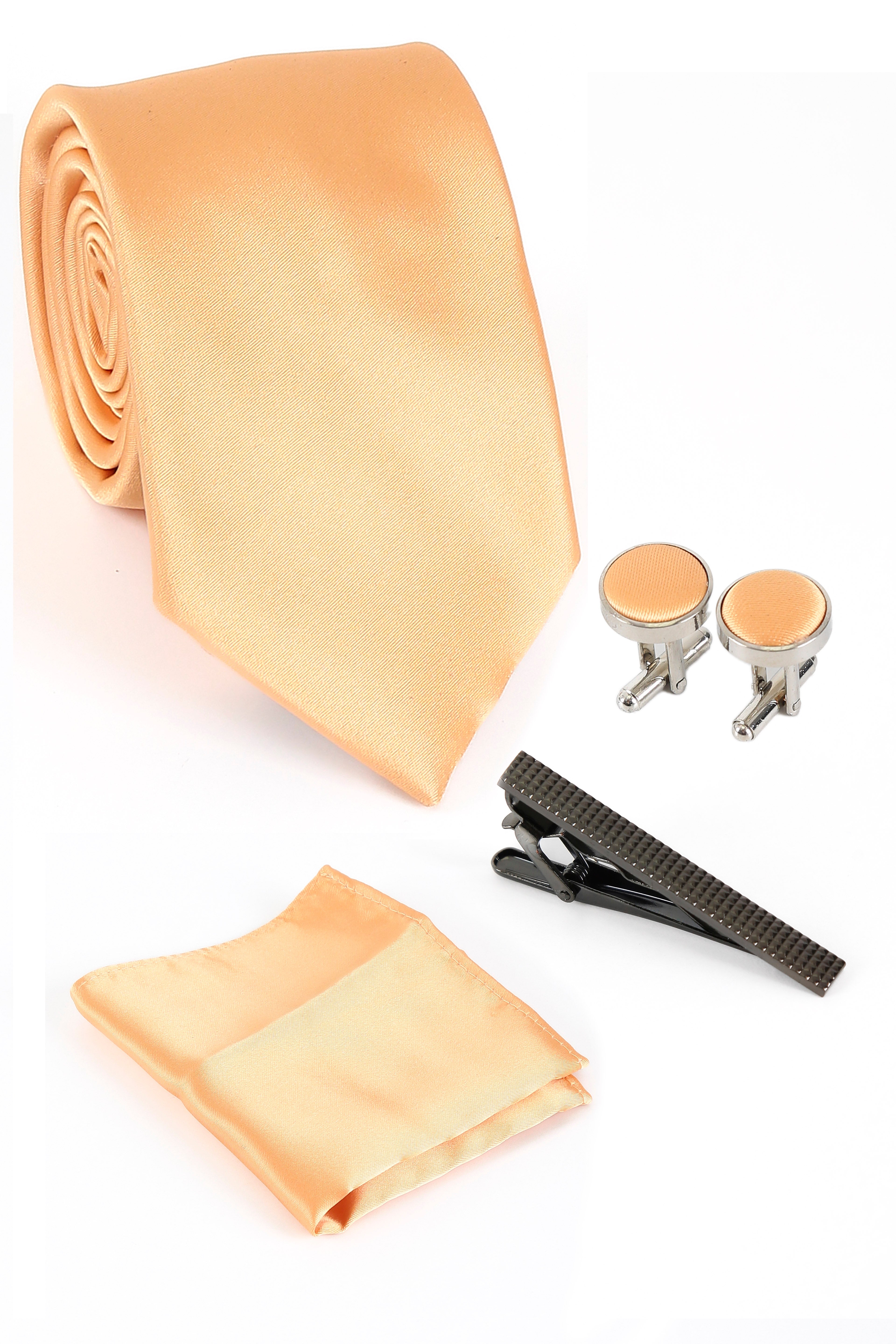 Men's Satin Tie Cufflink 4 Piece Set - Orange Set Picture